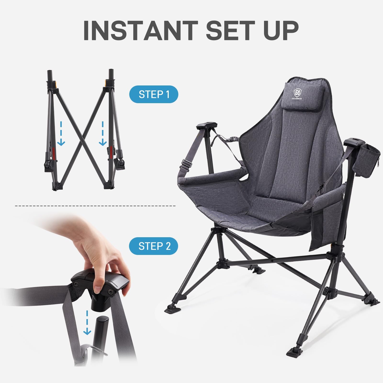 EVER ADVANCED Padded Hammock Camping Chair, Oversized Heavy 31.5 inches, Grey