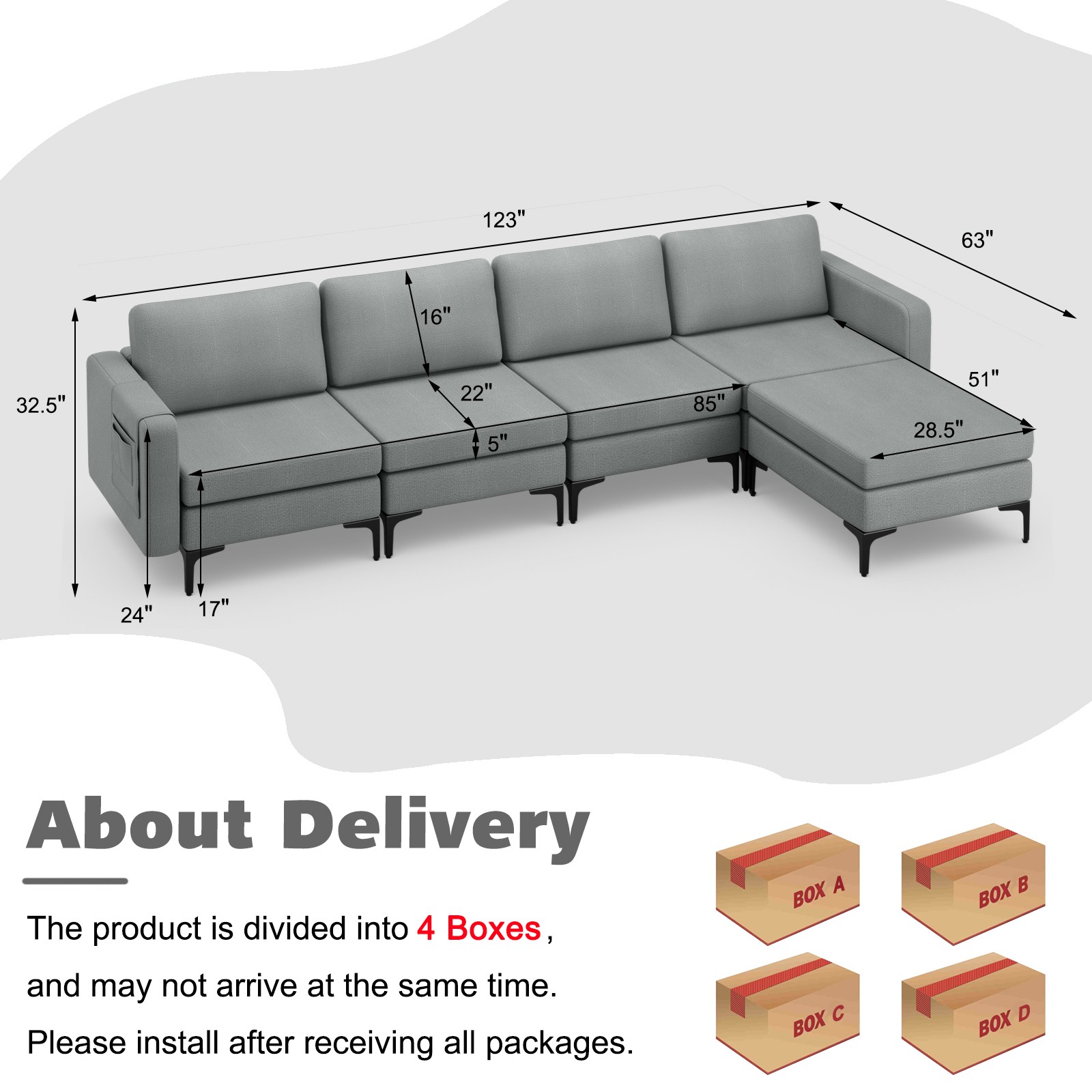 Modular L-shaped Sectional Sofa w/ 4 Seats & Removable Ottoman & 4 USB Ports