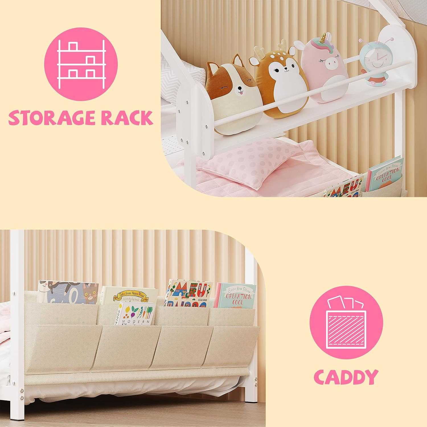 Twin Size House Bed with Storage Rack and Caddy Montessori House Shape Bed Metal