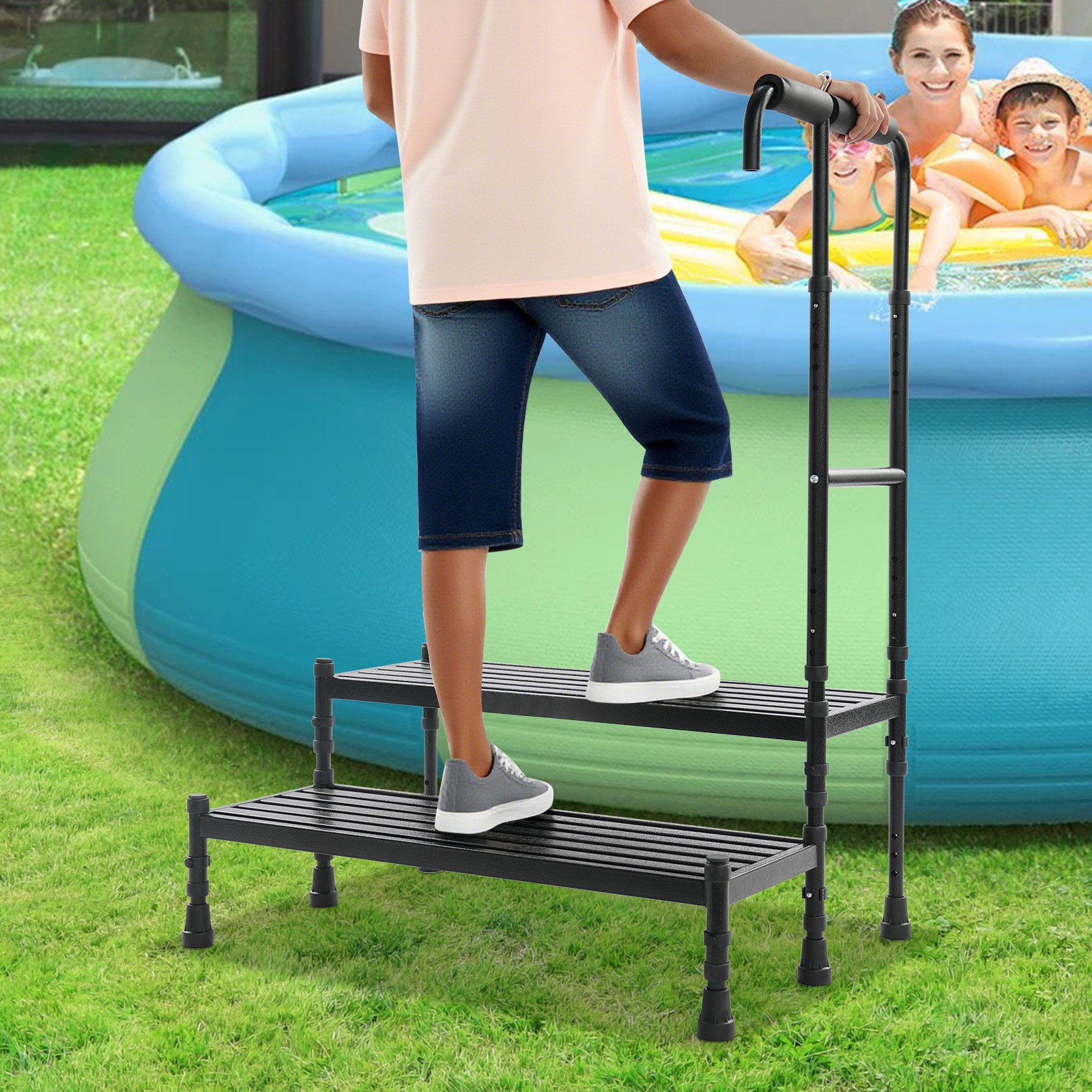 2 Steps Stool with Handle, Adult Ramp with Handrail, Metal Stepping Stool