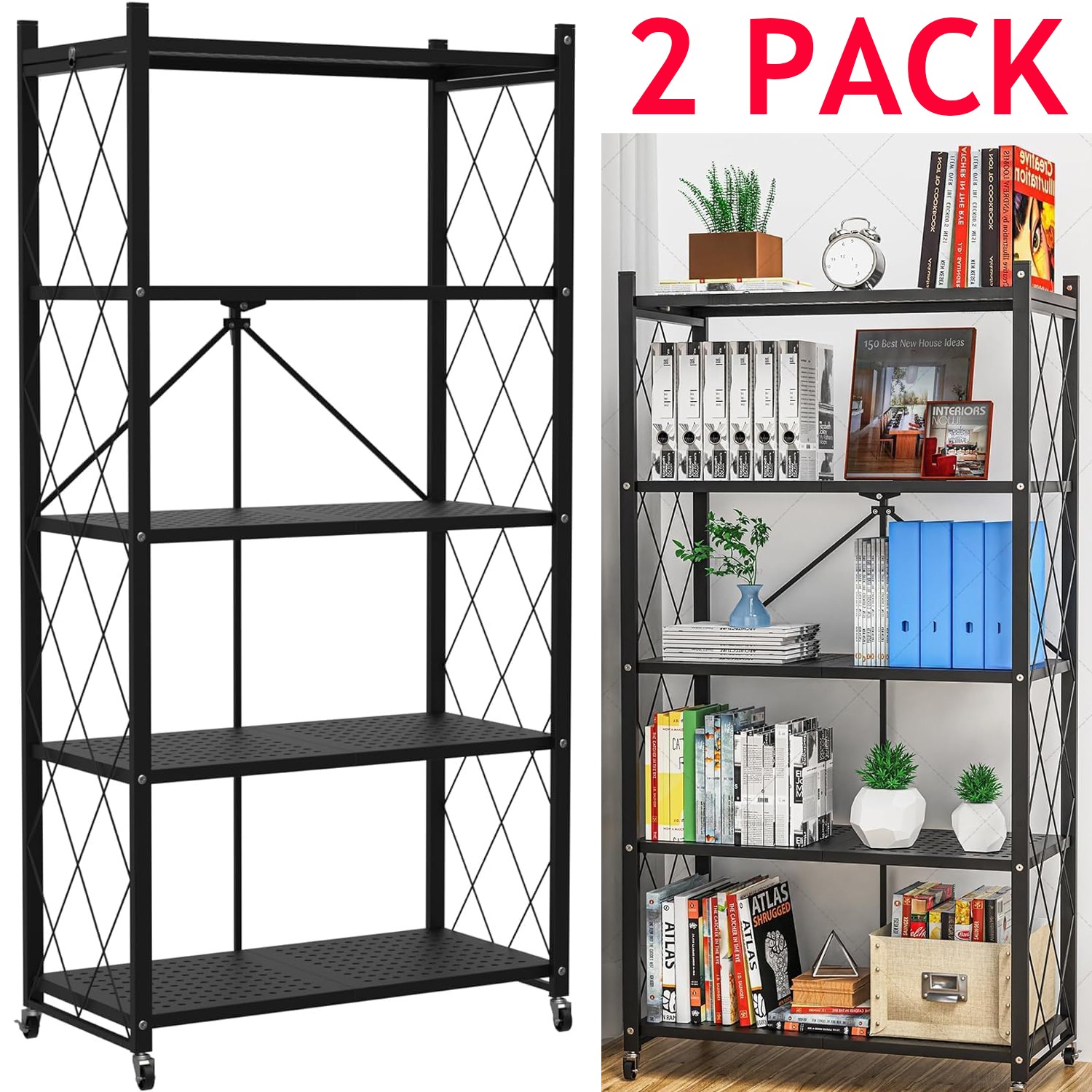 2pcs 5 Tier Heavy-Duty Storage Rack Foldable Shelving Kitchen Garage Bookcase