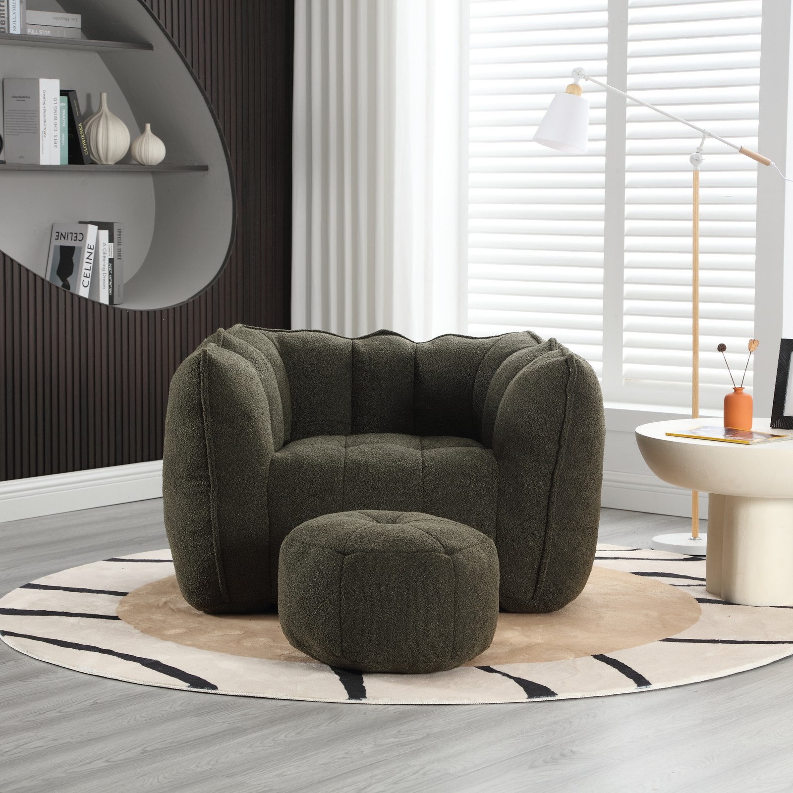 Soft Square Bean Bag Chair with Footstool, Olive Green Chenille 41.2″x32.3″x25″