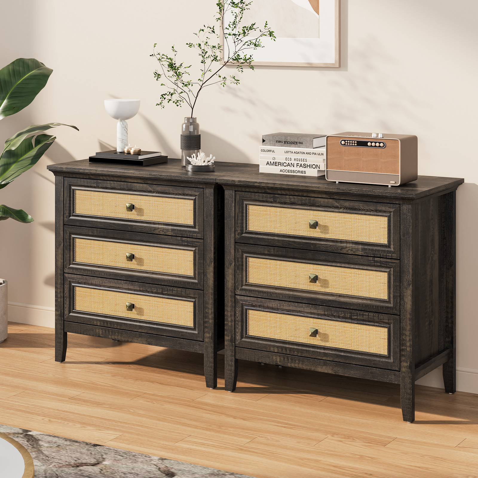 3 Drawer Dresser Chest Nightstand Dark Rustic Oak Particle Board MDF