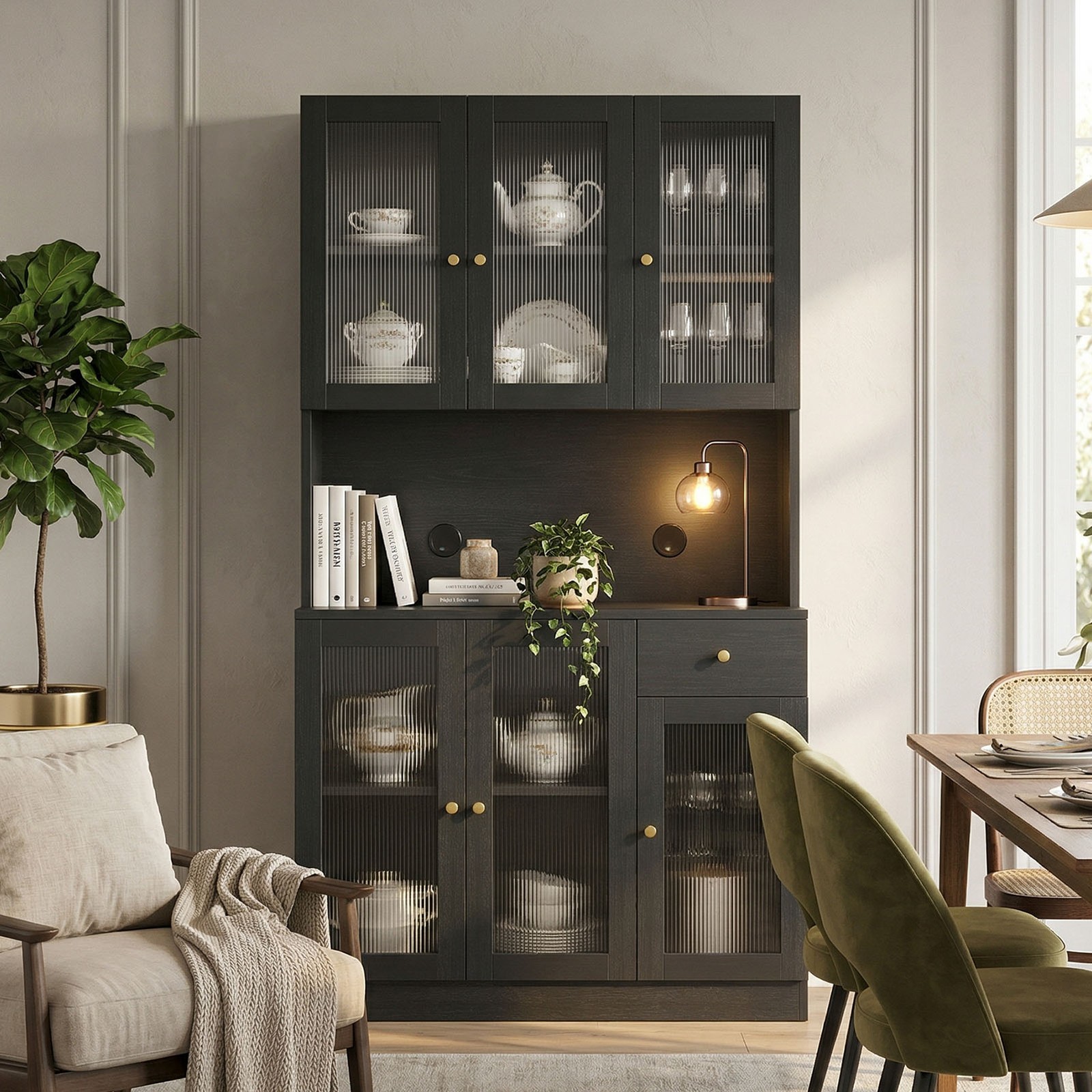 70.9 Inch Black Tall Storage Cabinet Copper Knobs Fluted Glass Display Cupboard