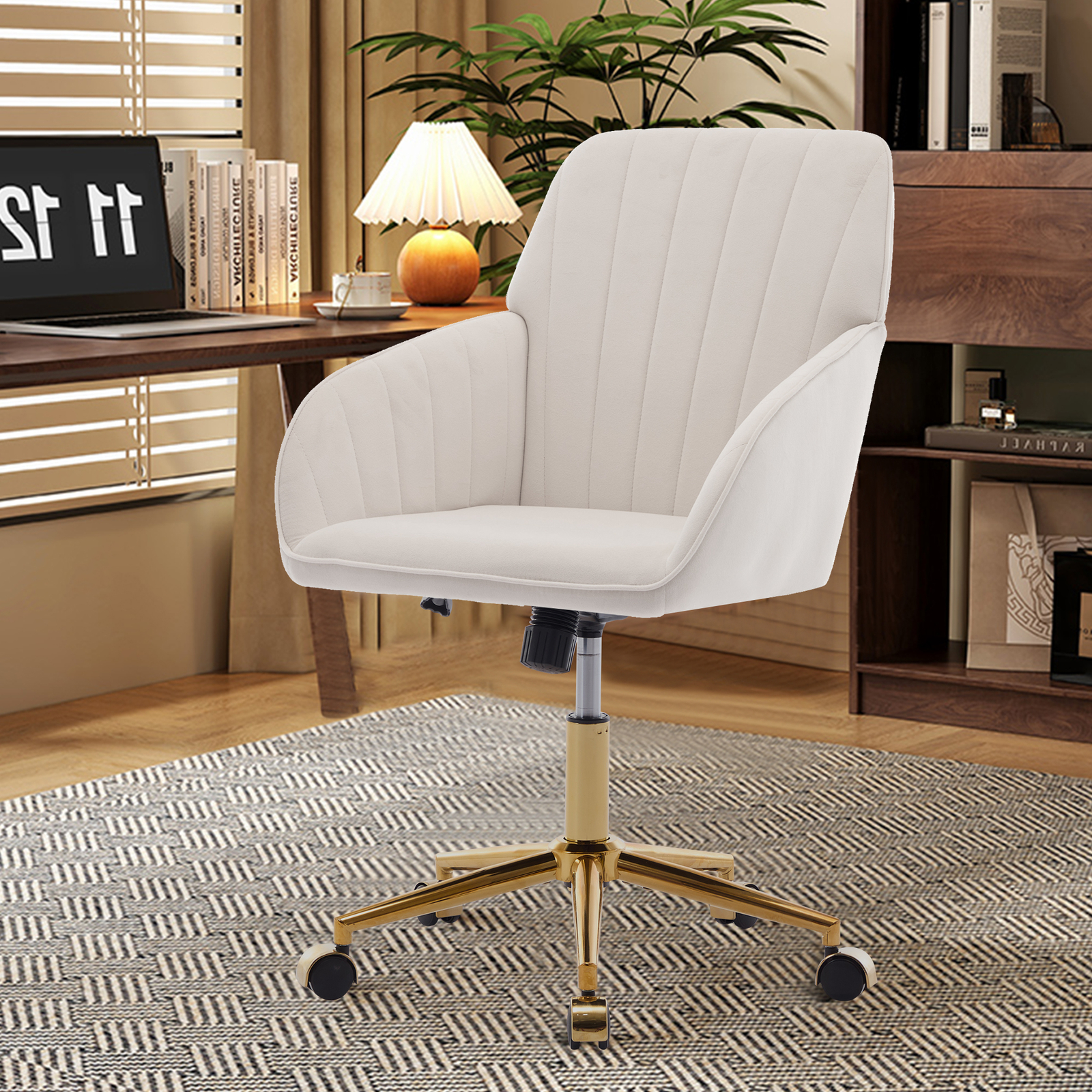 Office Chair Beige with Backrest 360-Degree Rotation Height Adjustable Metal