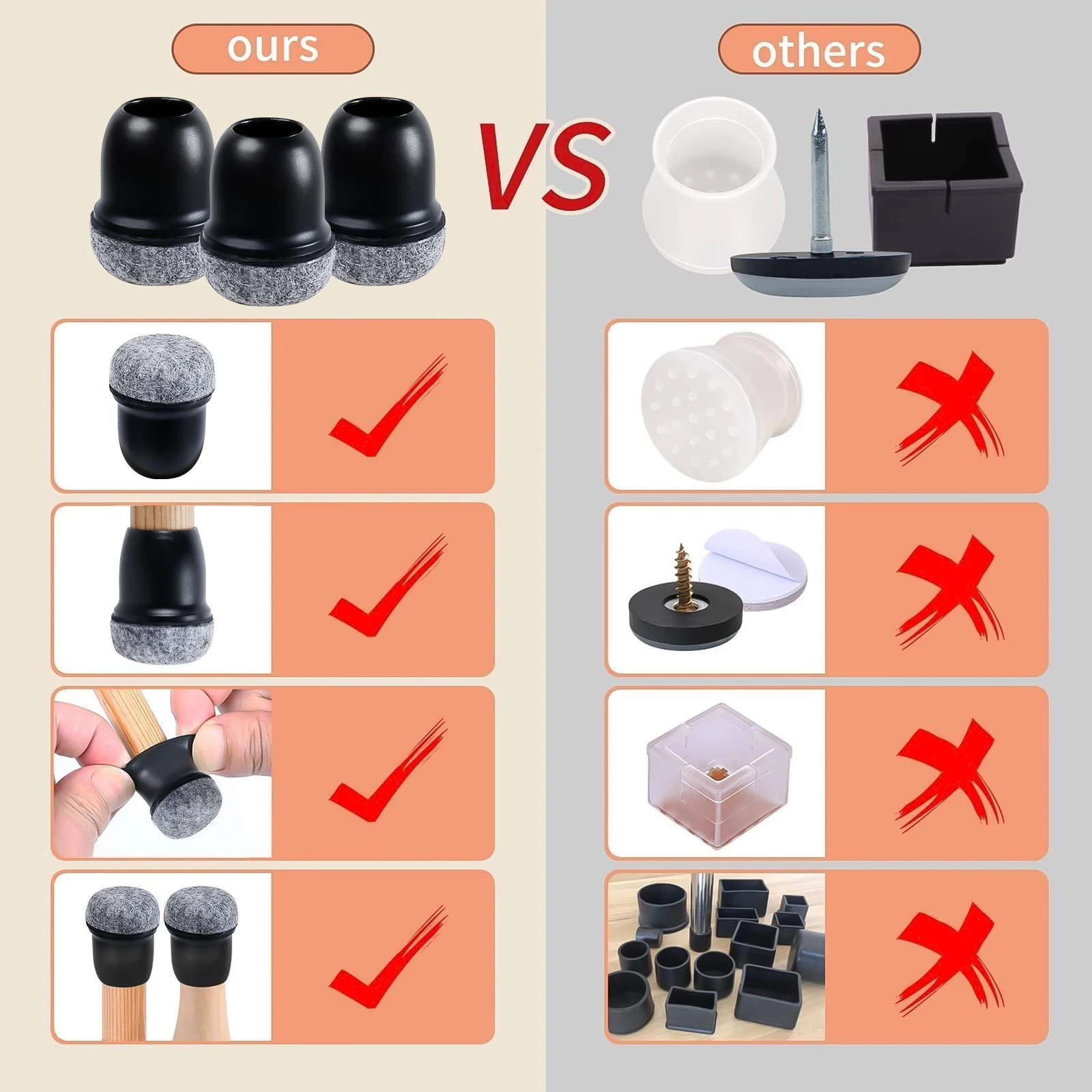 16PCS Silicone Chair Leg Floor Protectors with Felt Pads for Hardwood Floors