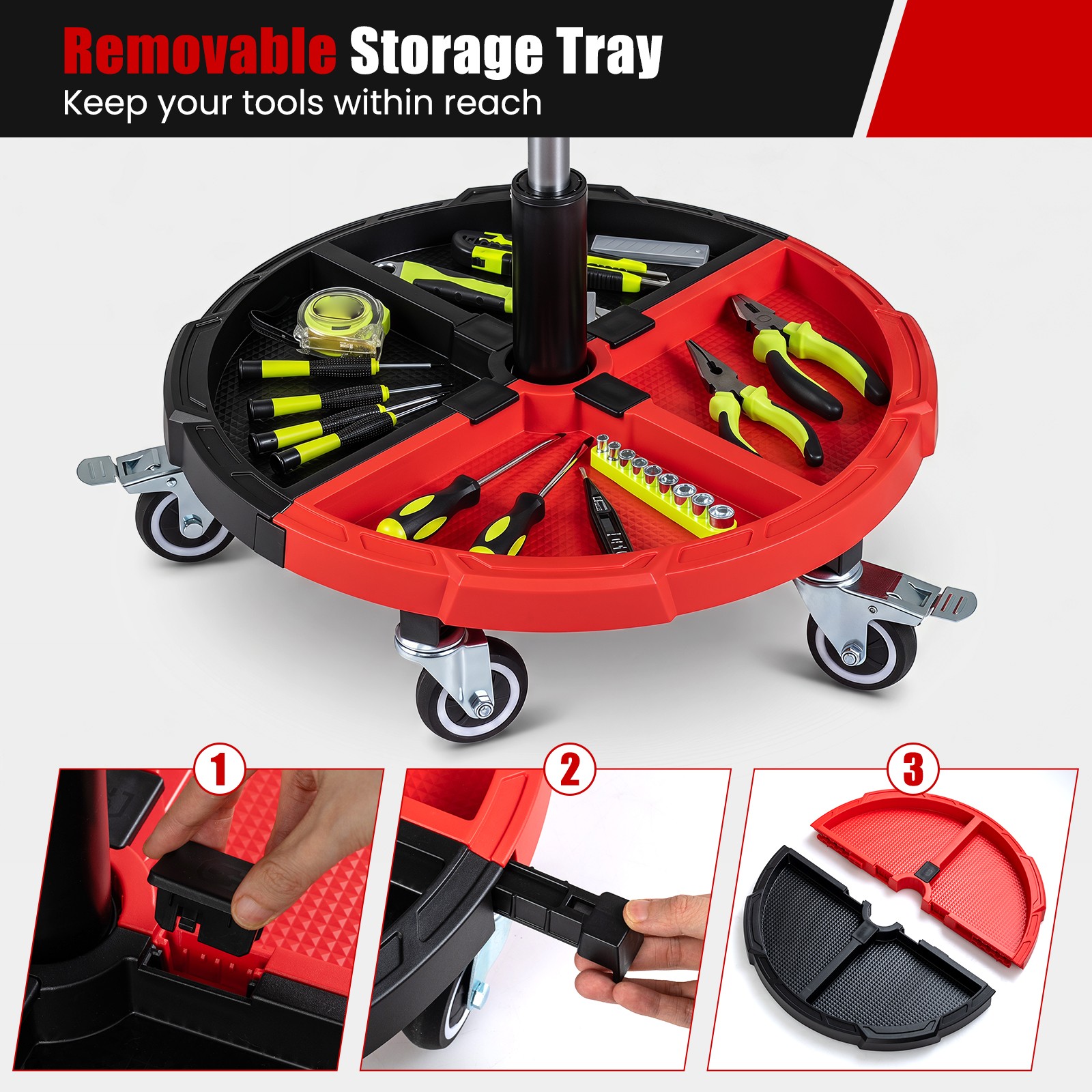 360° Rolling Mechanic Stool w/Tool Storage Tray, Backrest, Lockable Wheels