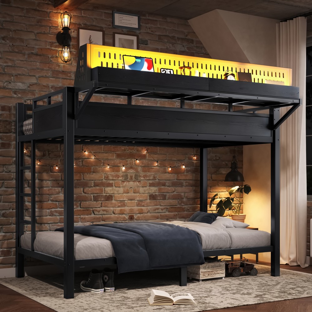 Twin XL over Twin XL Size Metal Bunk Bed with Storage Shelves and Pegboard