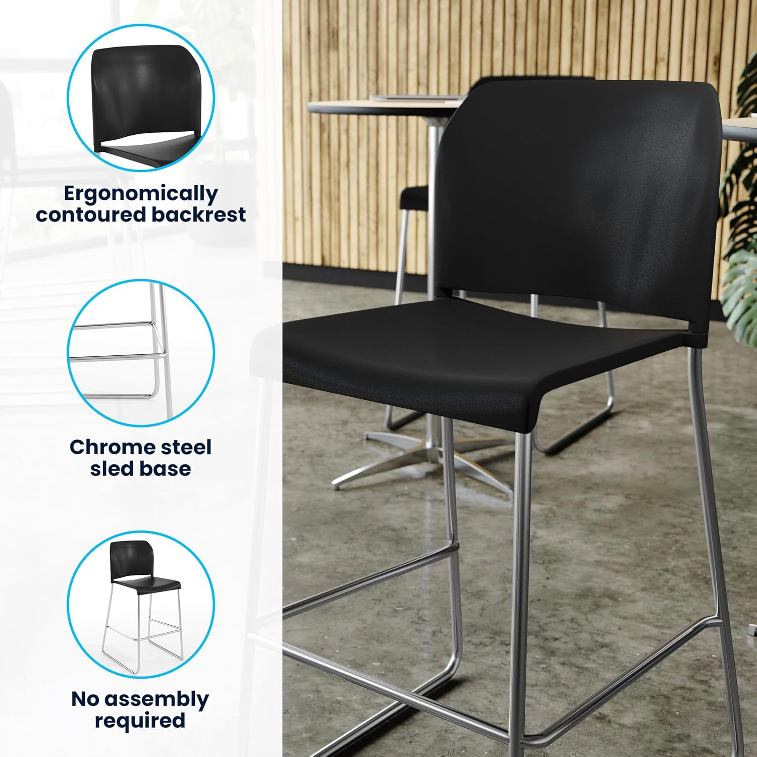 Hercules Stackable Barstool, Black/Chrome, 400 LB Capacity, Contoured Backrest