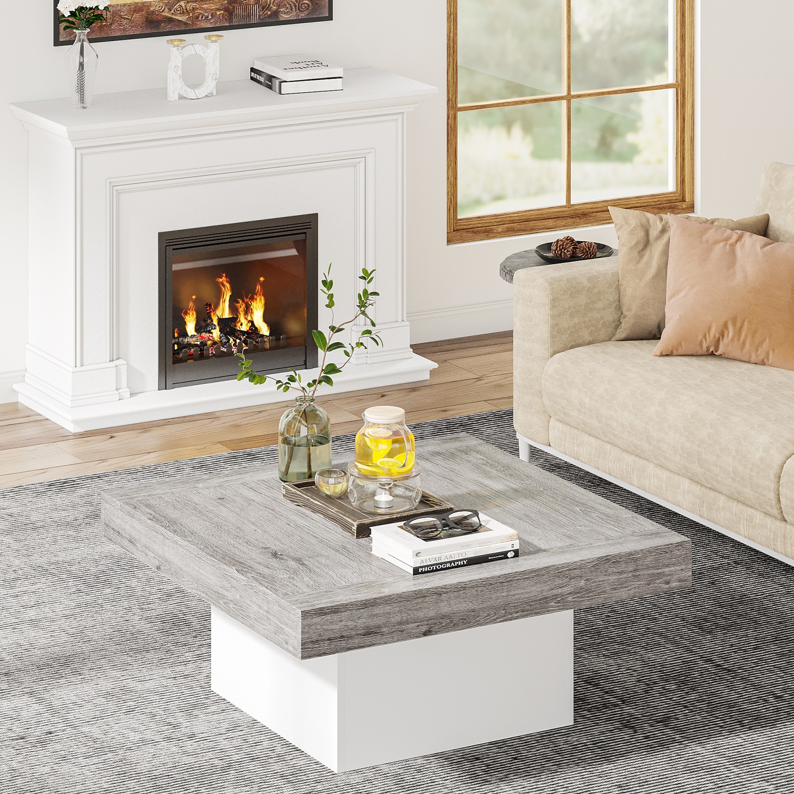 35″ Square Center Table Coffee Table with Led Light, Modern Wood Cocktail Table