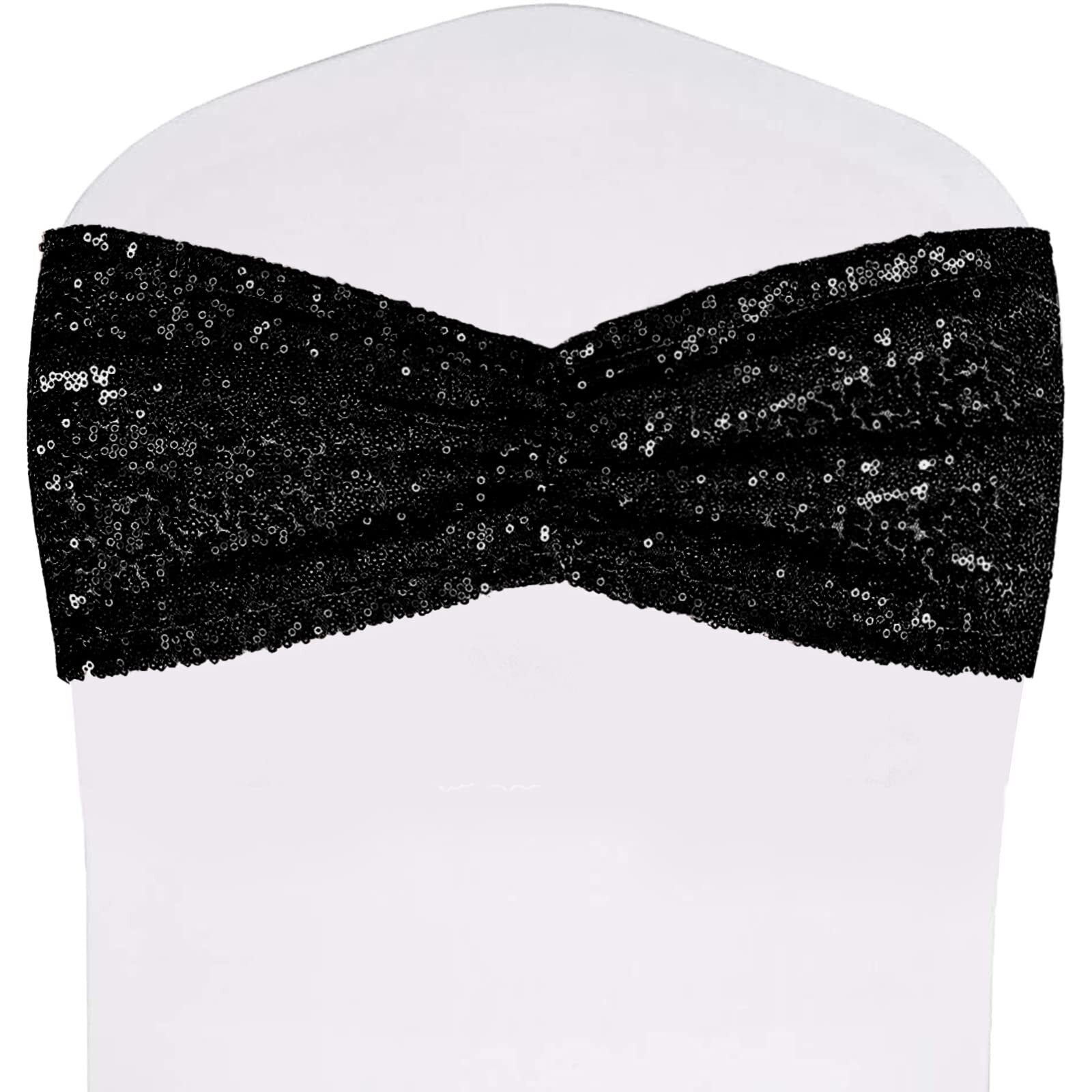 20 Pack Black Sequin Chair Sashes Glitter Bows Wedding Banquet Party Decor