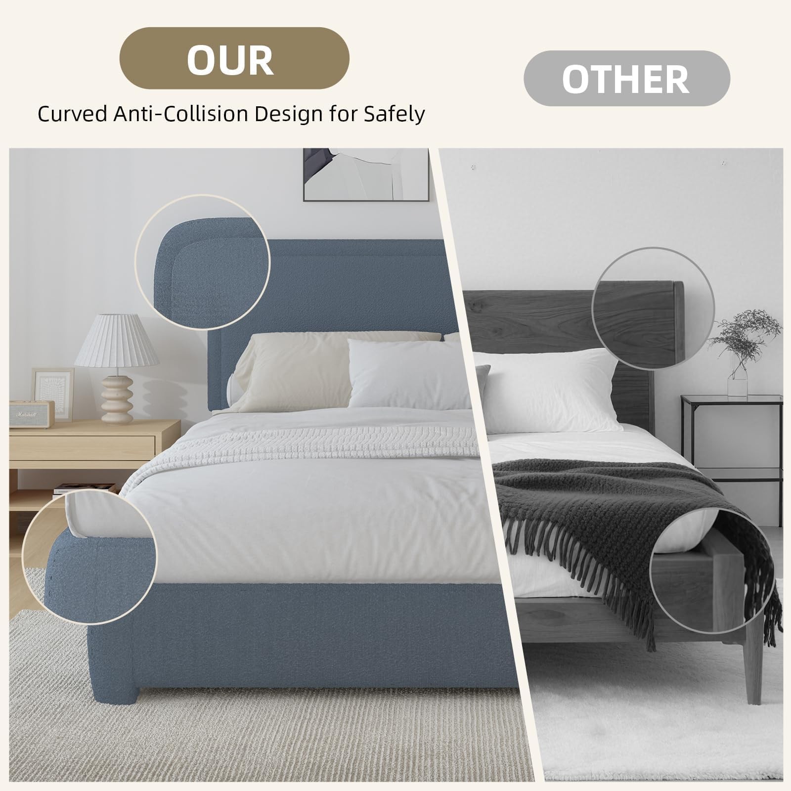 Twin Bed Frames with Headboard,Cloud Boucle Upholstered Platform Bed,e