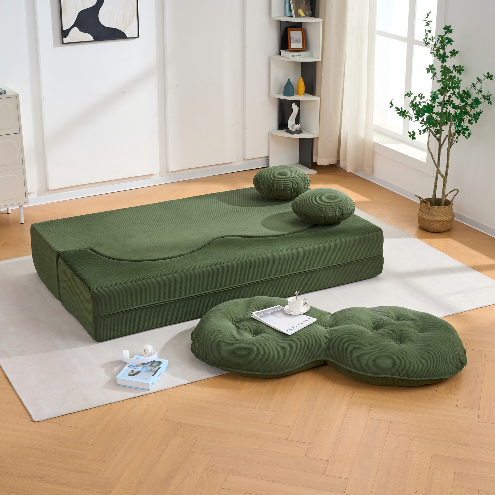Folding Full Size Sleeper Sofa Bed Corduroy Loveseat Futon Couch Green