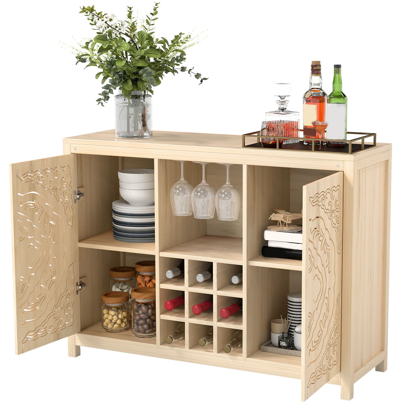 47in Wine Bar Cabinet Home Liquor Bar Station Organizer for Wine Glasses Storage