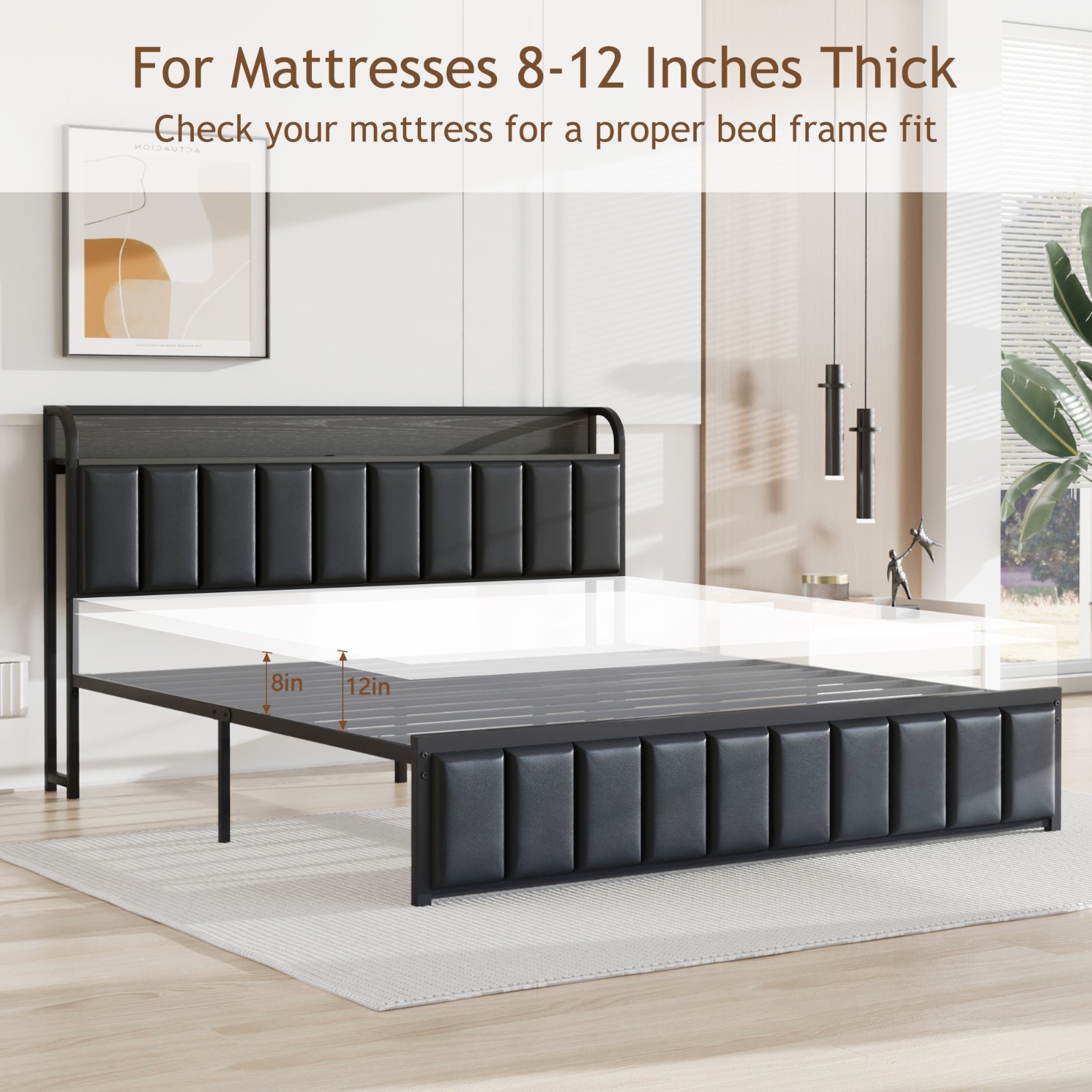 Bed Frame with Storage Headboard Power Outlet Twin Full Queen Size Metal Bed