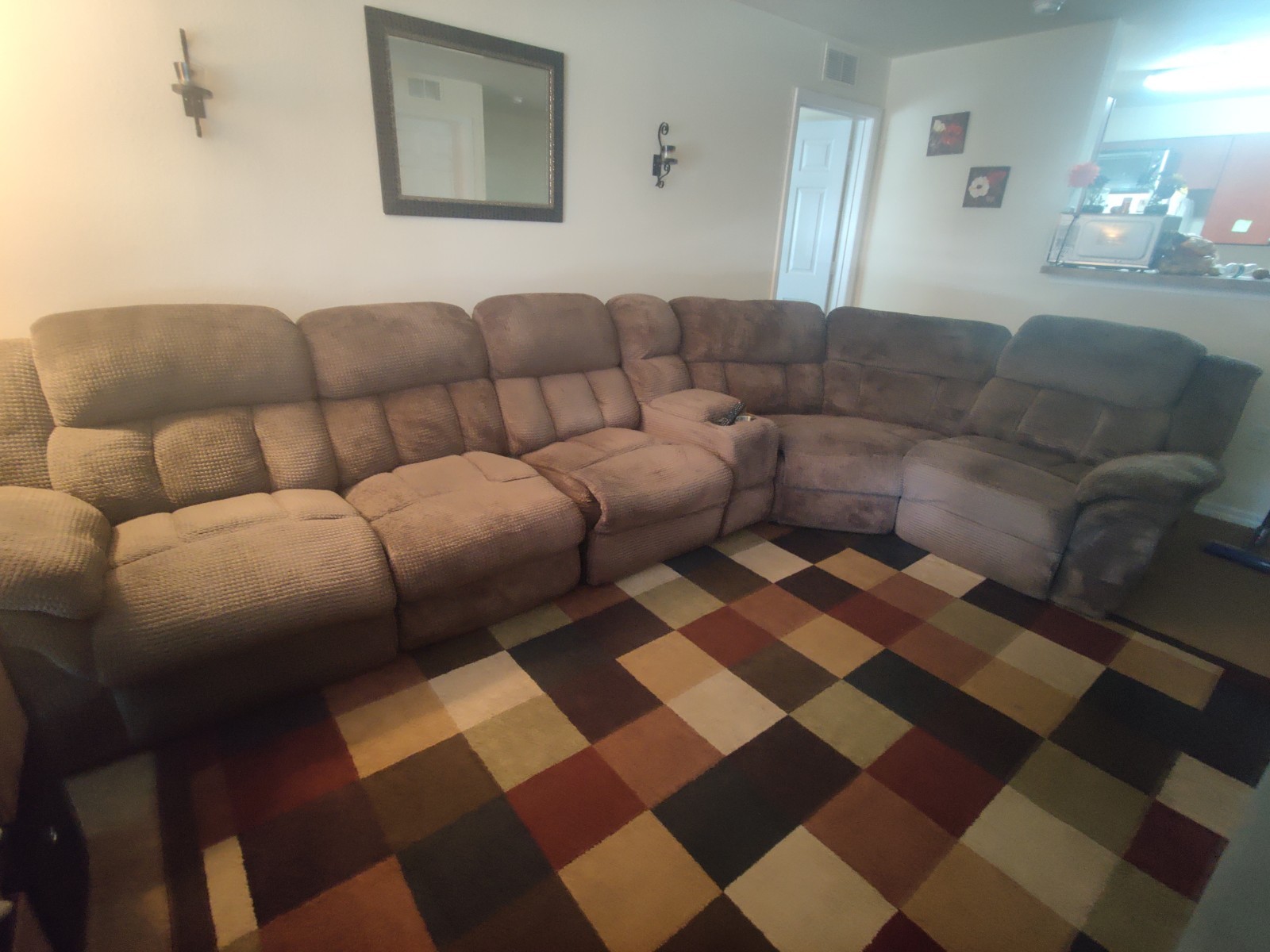 Reclining Sectional Sofa Brown Fabric Cup Holder Pillow Top Arms Pillow Back