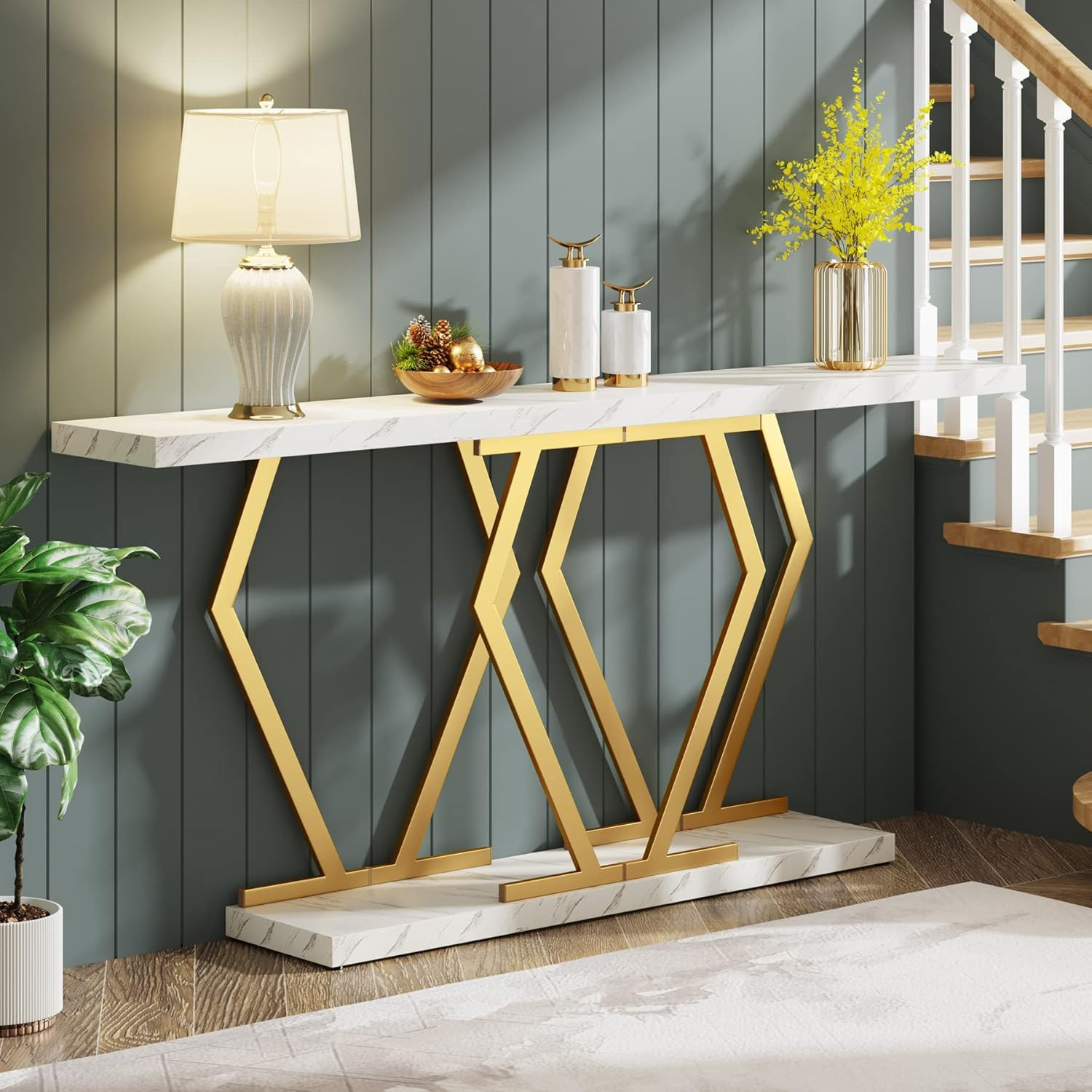 70.9 Inch Extra Long Sofa Table， White and Gold Console Table with Faux Marble T