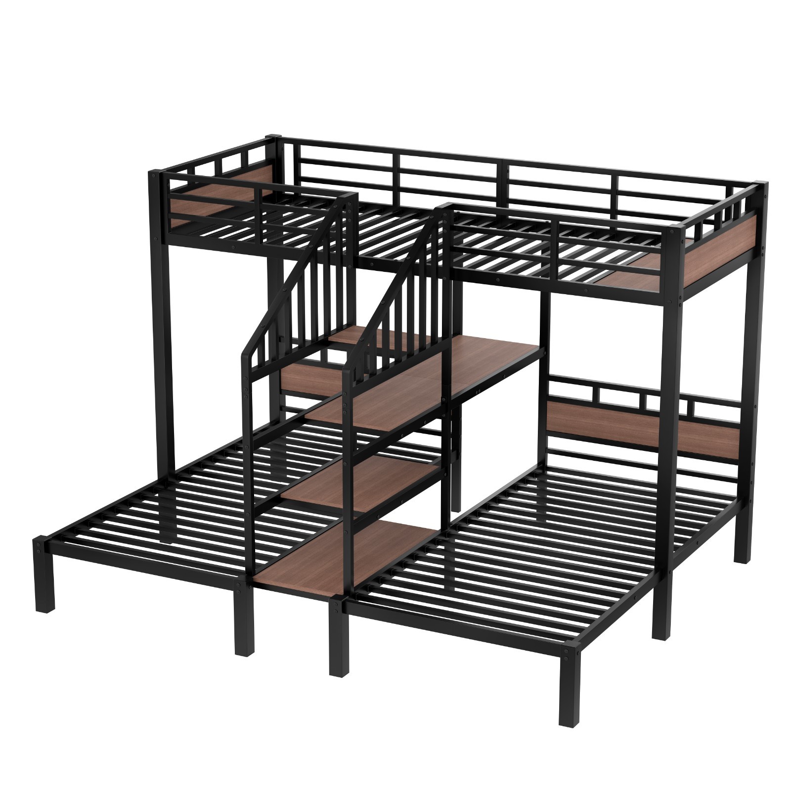 Twin/Queen over Twin over Twin Metal Bunk Bed Triple Bunk bed w/Storage Shelves