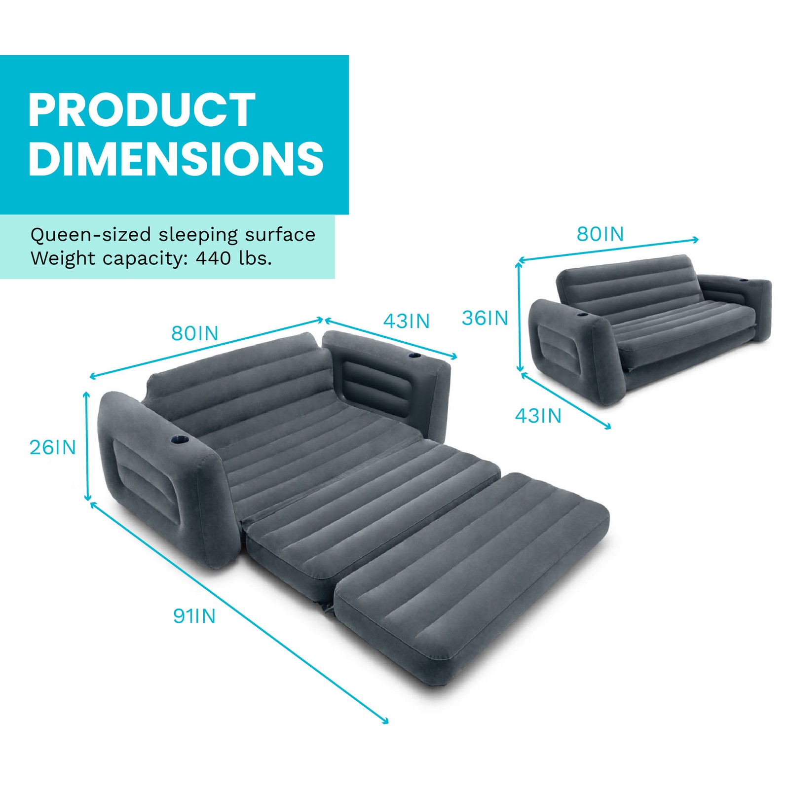 Intex Queen Size Inflatable Pull-Out Sofa Bed Sleep Away Futon Couch, Dark Gray