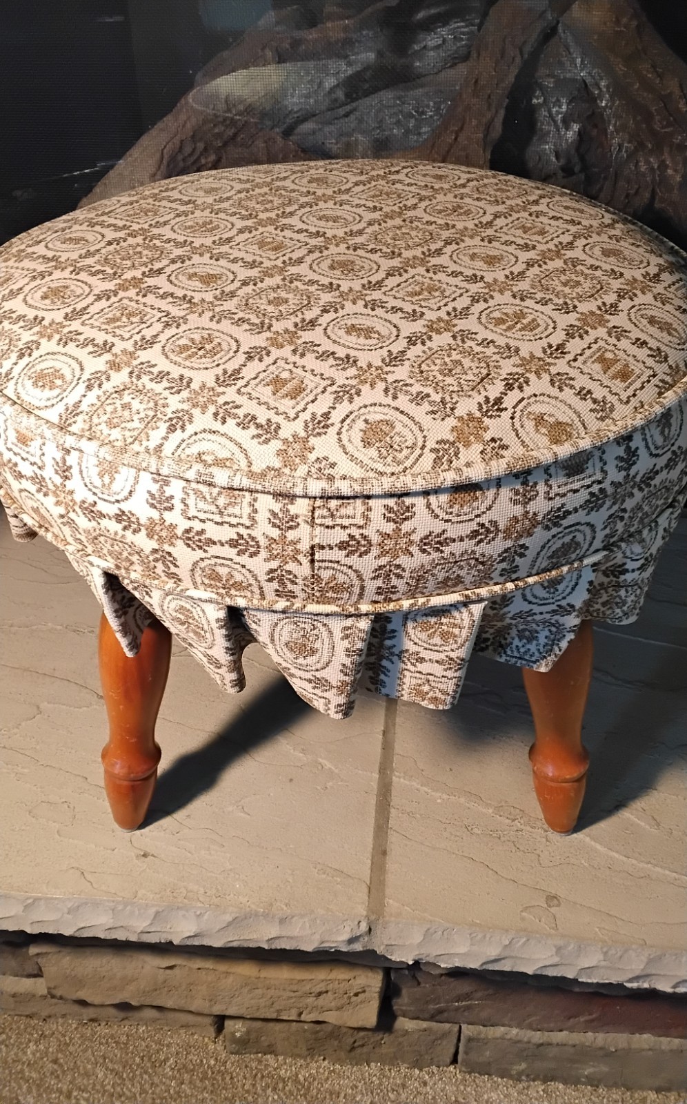 Vintage Retro Fabric Round Footstool Ottoman w Wood Legs, Vinyl Fabric Skirt