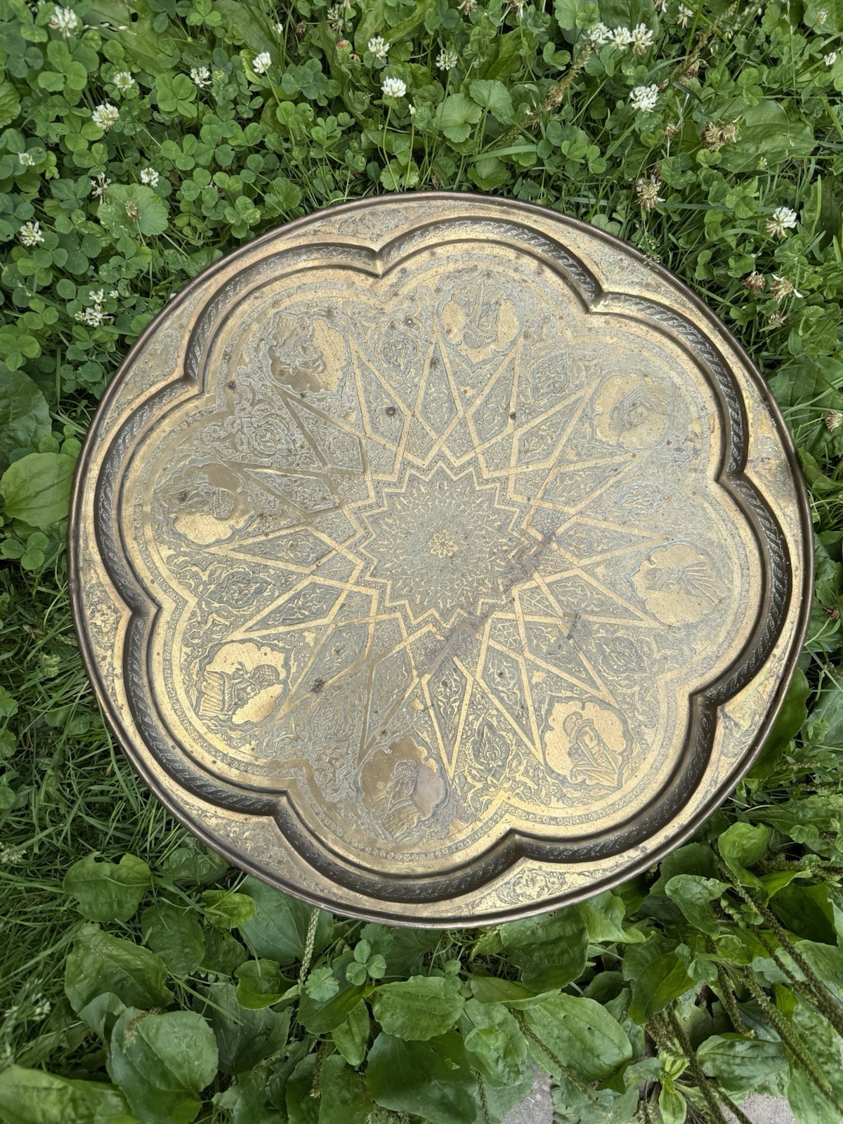 Vintage Moroccan Or Persian Islamic Brass Tray Table Hand Chased 19-1/4″