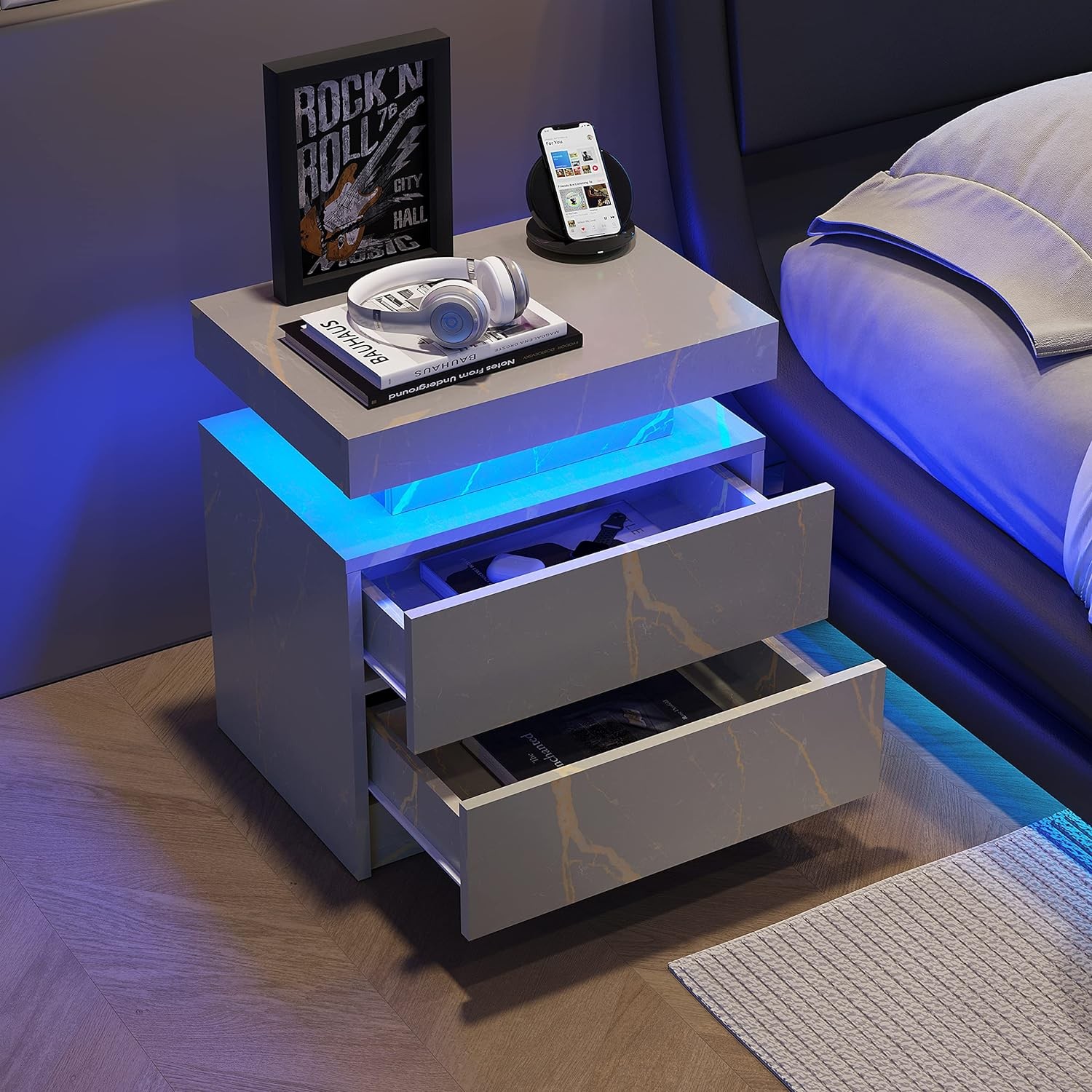 Modern bedside table – grey gold, 2 drawers, multi-color adjustable LED lights