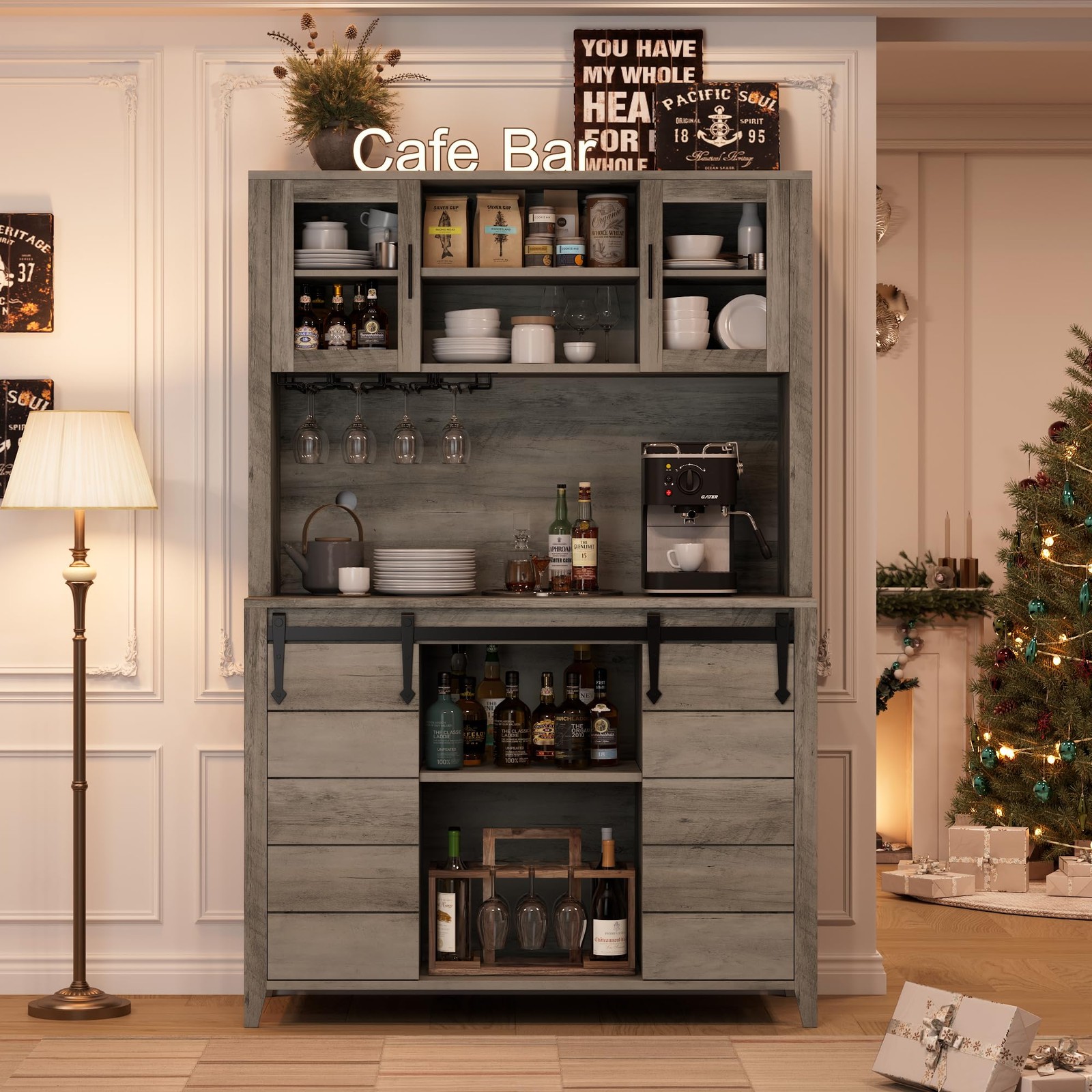 Farmhouse Coffee Bar Cabinet with Sliding Door & Wine Rack – Gray 70″ Tall