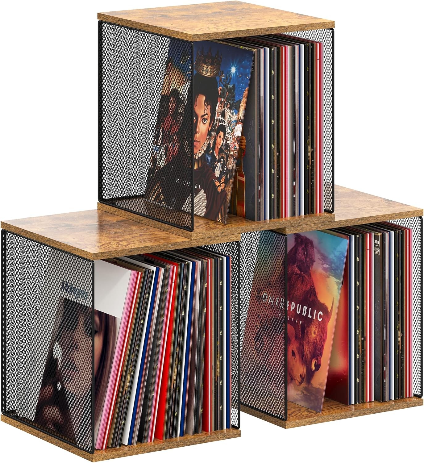 3 Cube Vinyl Record Storage DIY Stackable 120-150 Records 3 Cube, Black Brown