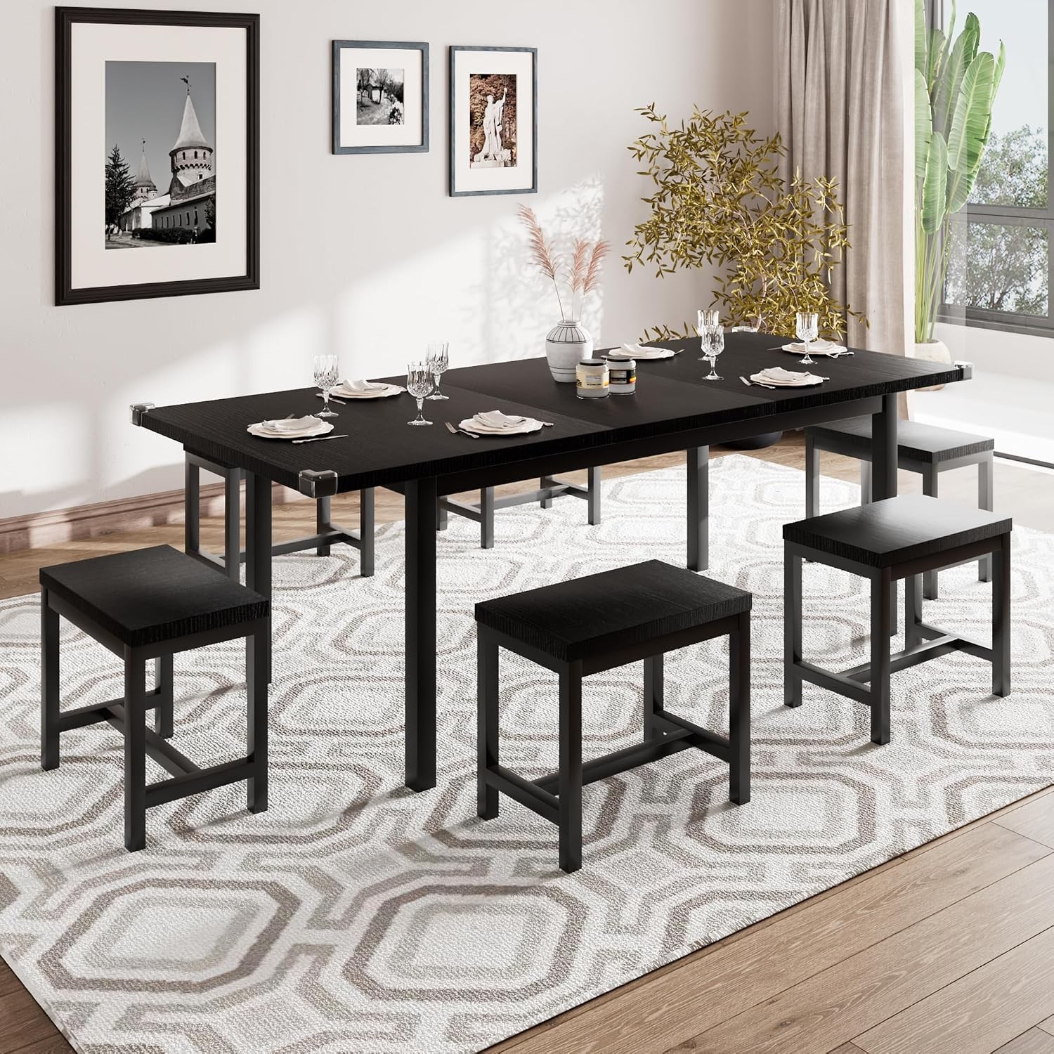 7-Piece Extendable Dining Table Set with 6 Stools, 63″ Kitchen Table Set for