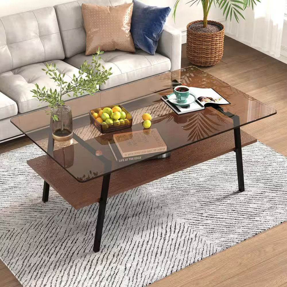 38.58 In. Modern Rectangle Tempered Brown Glass Coffee Table, Black Metal Legs &