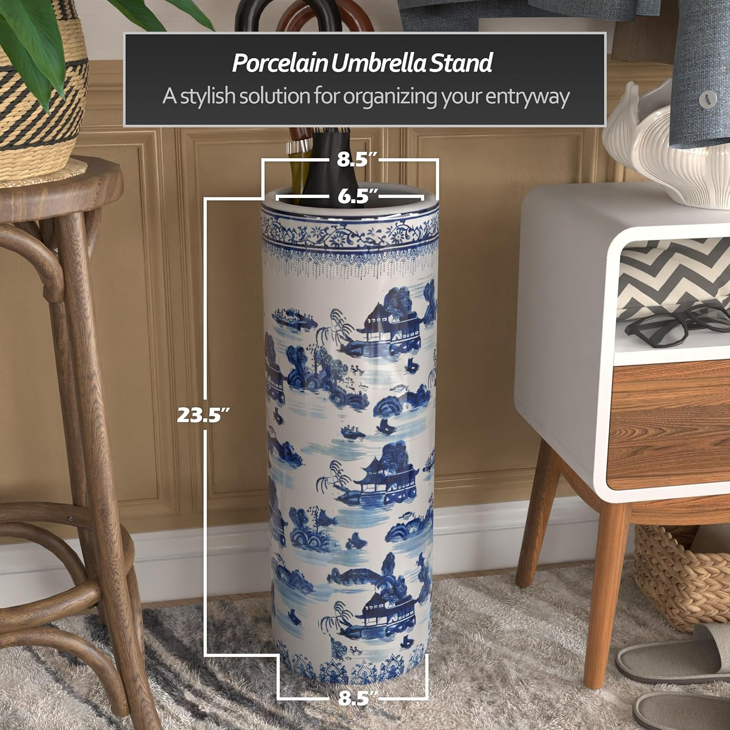 20″ Landscape Blue & White Porcelain Umbrella Stand