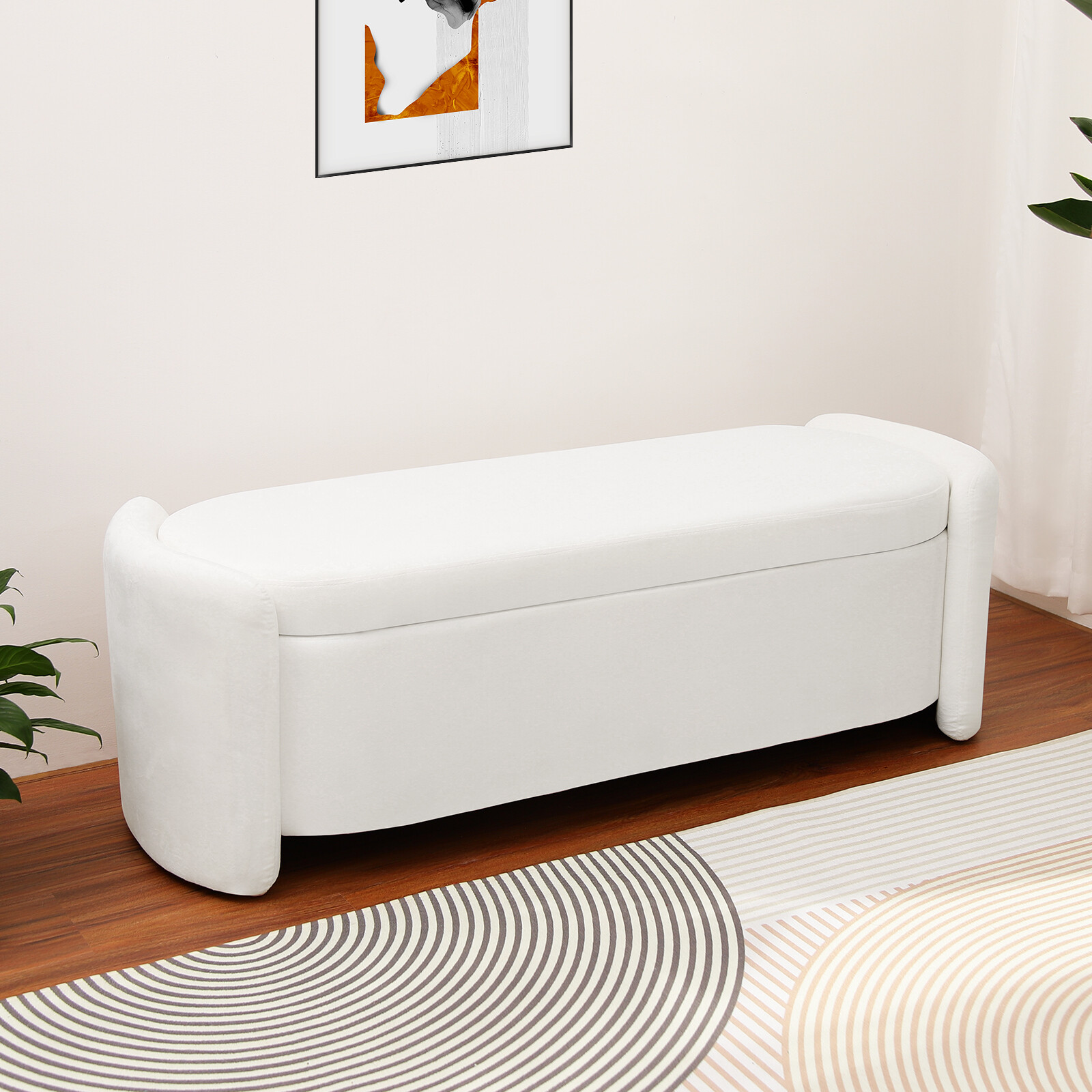 Long Storage Bench Ottoman White Teddy Velvet Upholstered End of Bed Stool Home