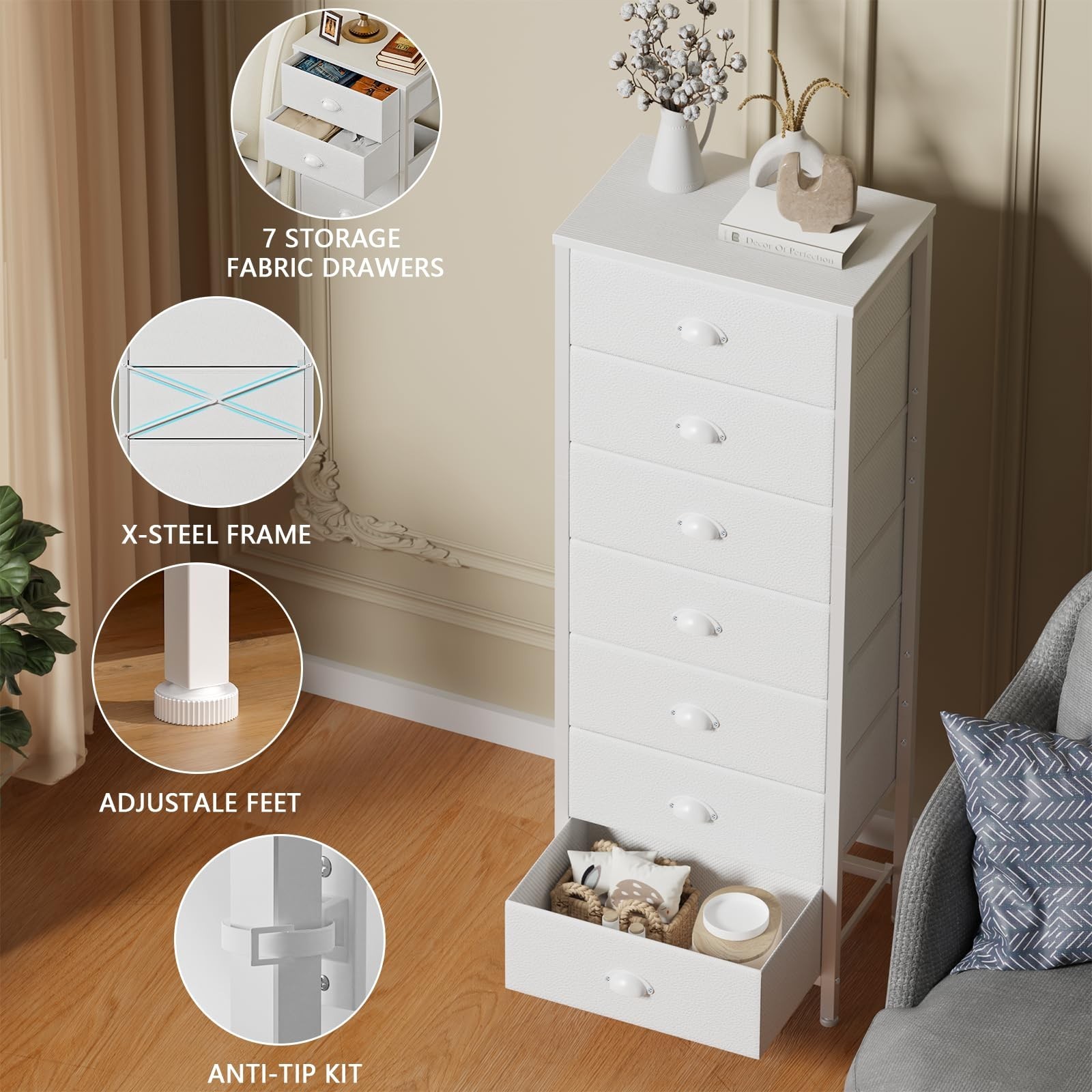 Tall White Dresser with 7 Drawers, Fabric Storage Chest, Vertical Bedroom Furnit