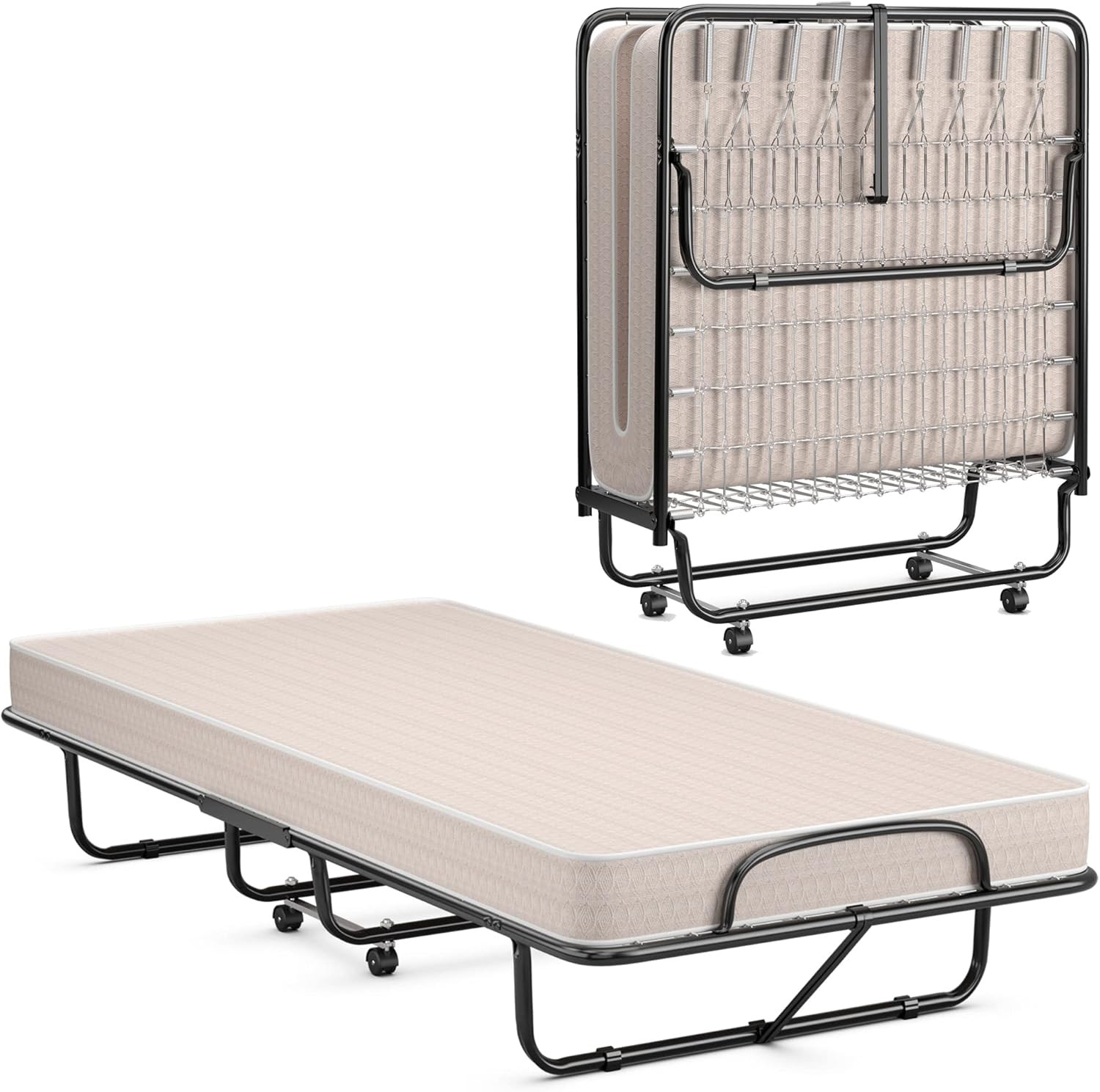 Portable Twin Folding Bed with Memory Foam Mattress & Wheels, Made in Italy