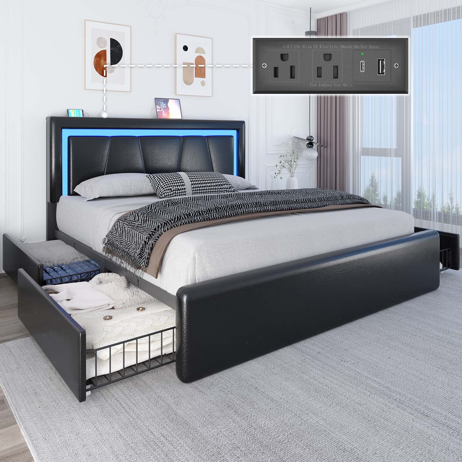 Upholstered Platform Bed Frame with Adjustable Headboard and Charging Station