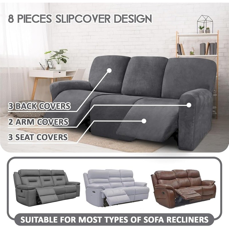 Patented Velvet 3 Seater Reclining Sofa Cover Non Slip Protector Easy Care New