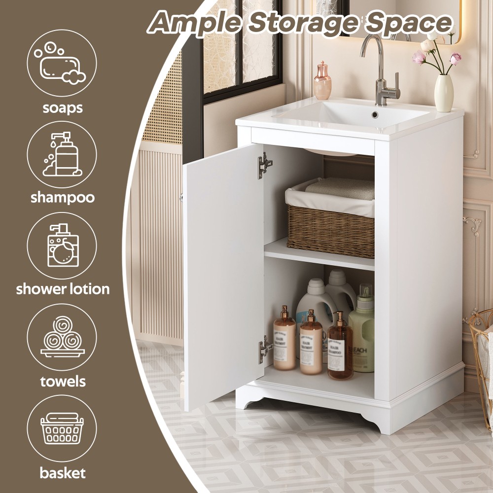 Ceramic Sink Bathroom Vanity Features Soft-Close Doors Adjustable Shelving