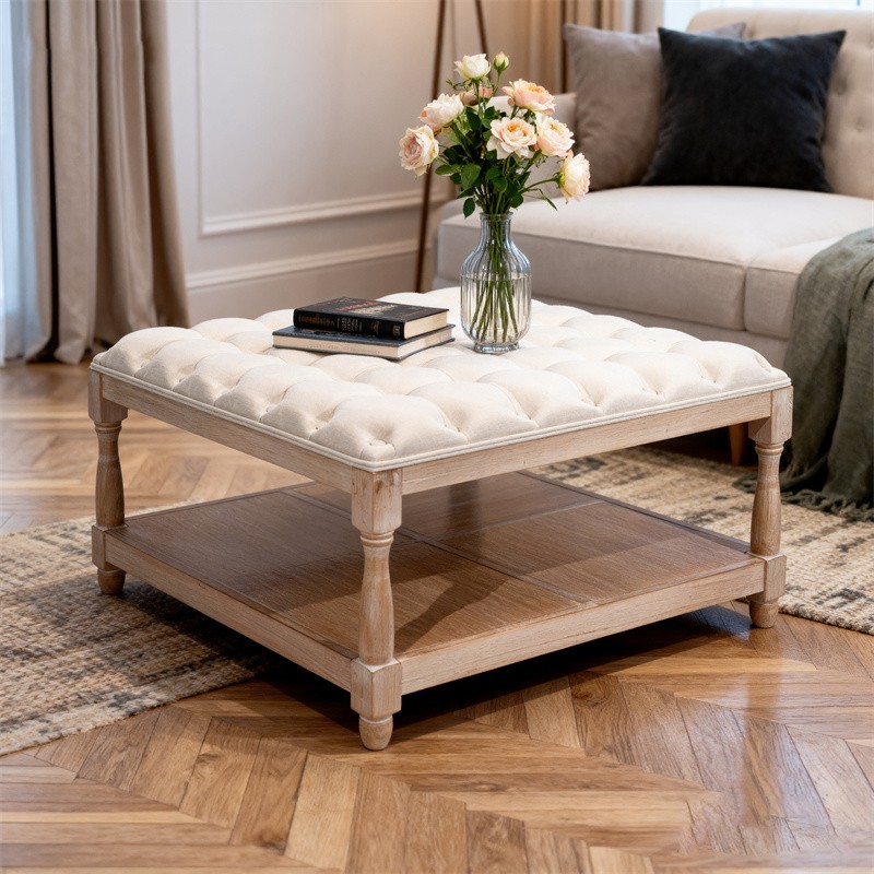 Large Square Tufted Upholstered Storage Ottoman Coffee Table with Storage Shelf