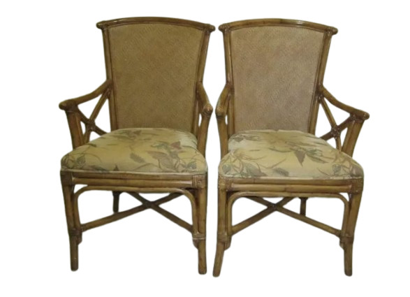 Tommy Bahama Style Arm Chair Bamboo Rattan Upholstered Seat Set of 2