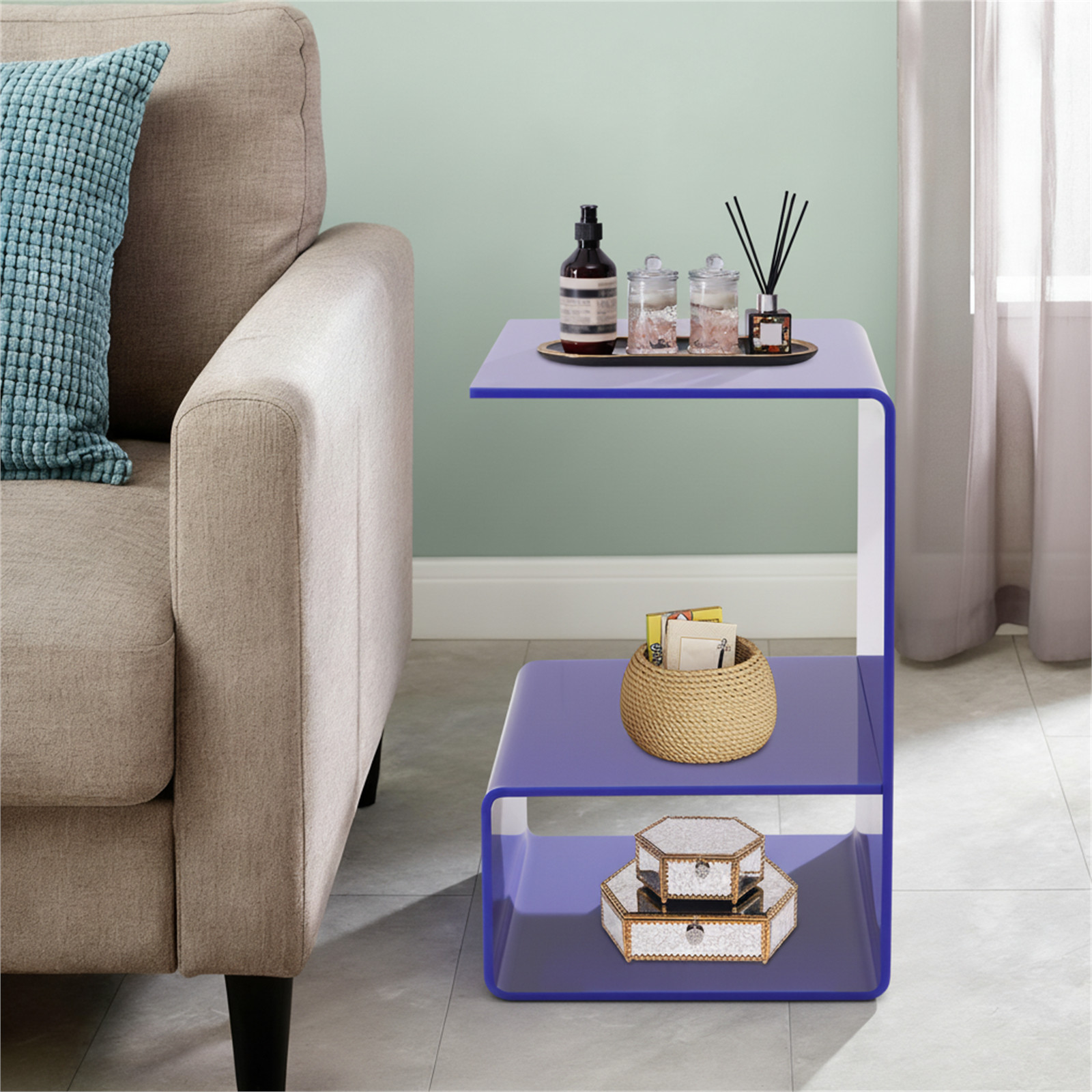13.7*13.7*21.6in Blue Side Tables For Small Spaces Acrylic Modern End Table