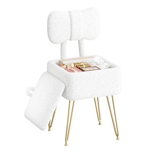 Small Vanity Chair with Storage, Folding Back, Teddy Fleece Ottoman, White