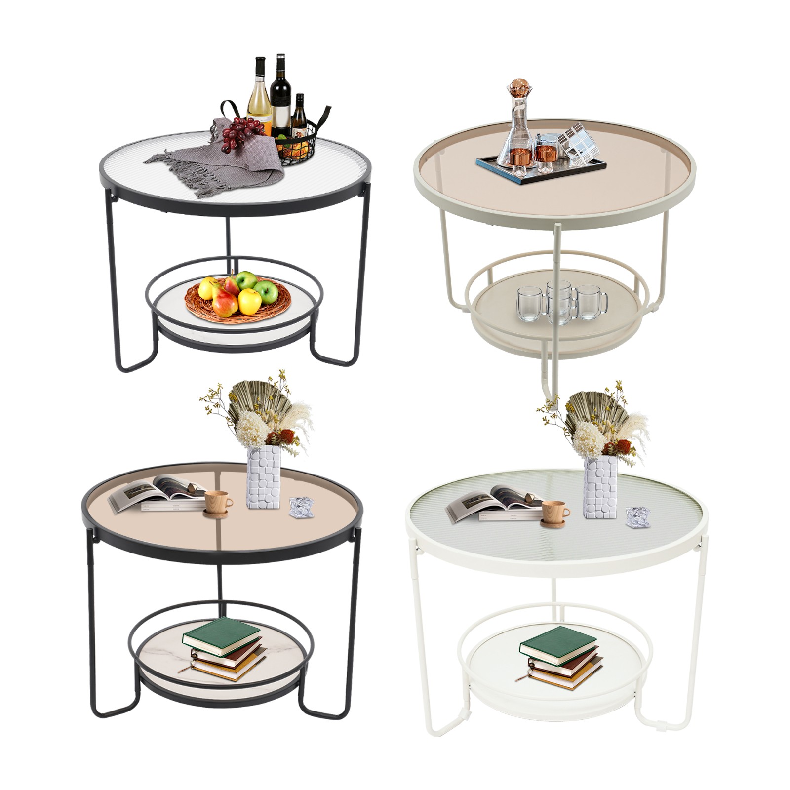 Modern Round 2-Tier Side Table – Black/White& Teal/Clear, Tempered Glass 60/40cm