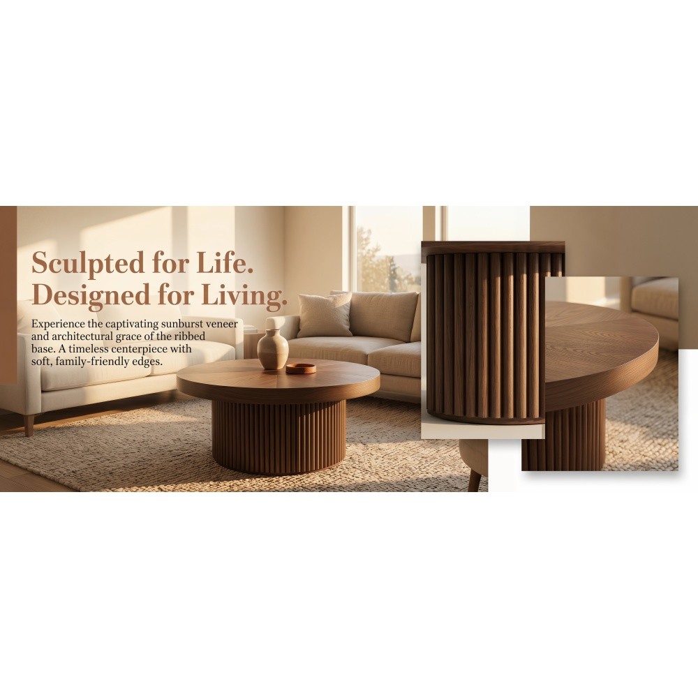 33.5″ Round Fluted Coffee Table, Wood Parquet Top Cylindrical Base, Walnut