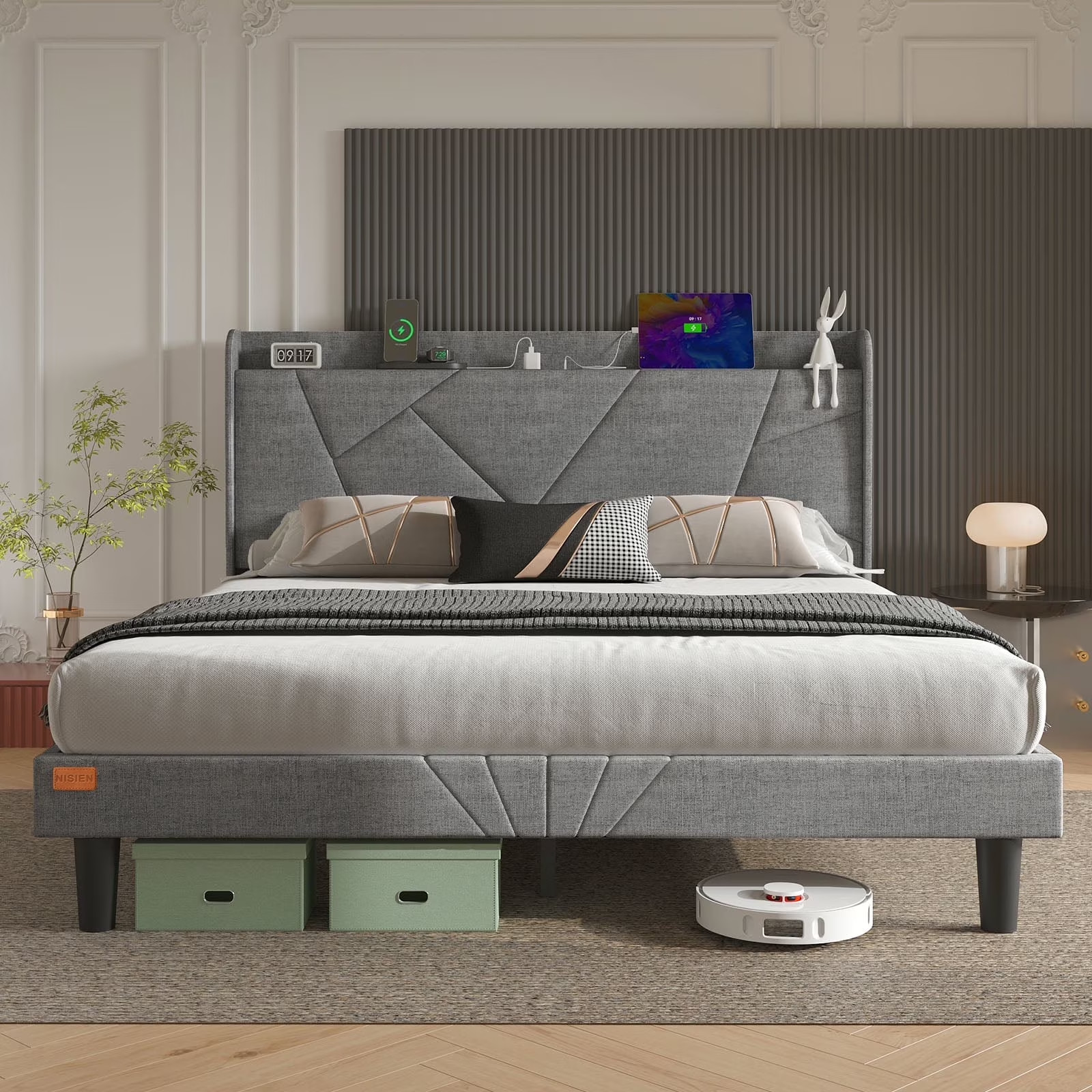 Full Queen King Upholstered Bed Frame Charging Ports Storage Wingback Headboard