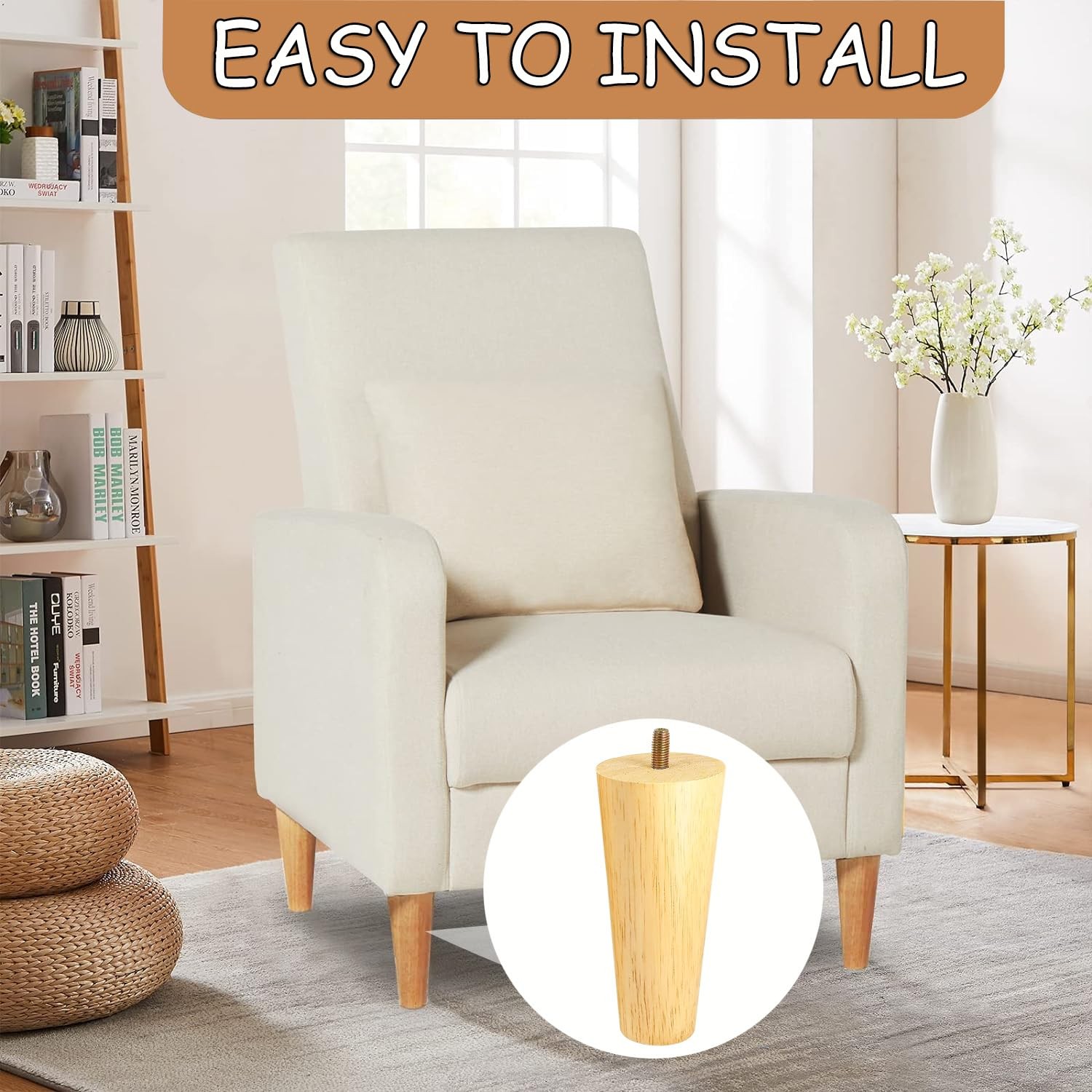 Yaliuliu 6 Inches Round Solid Wood Furniture Legs Set of 4, Natural Wooden Repla