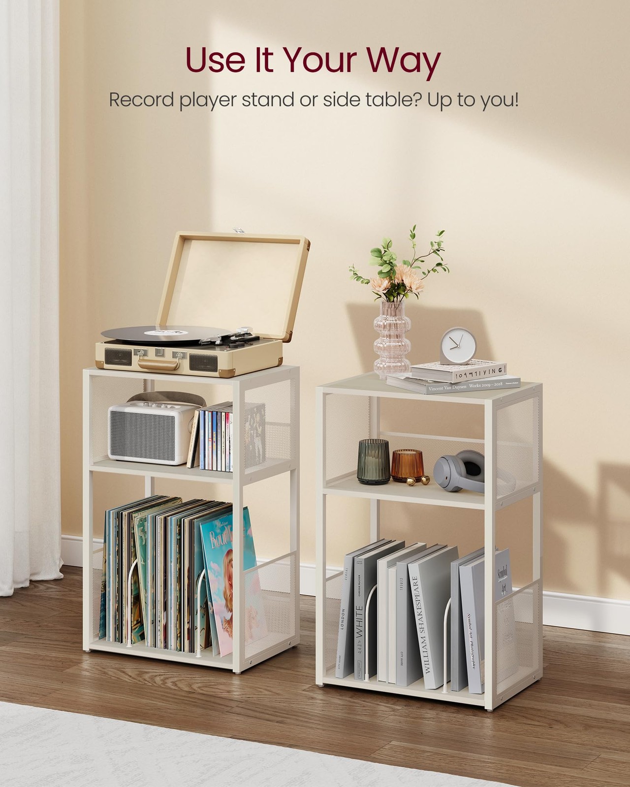Record Player Stand, 3-Tier Side Table, Vinyl Record Rustic White Regular