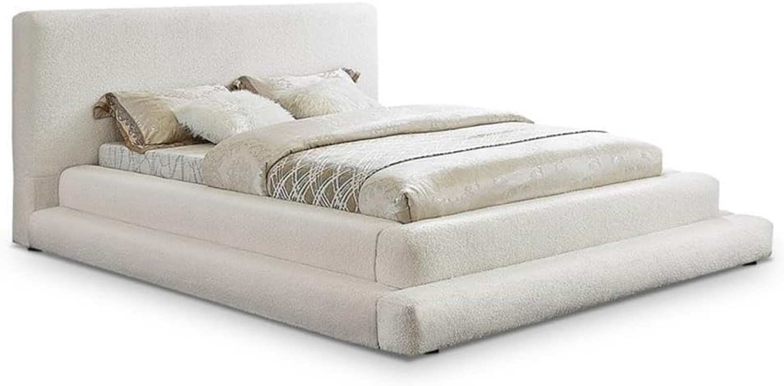 Modern King Bed in Cream Faux Shearling Teddy Fabric, 103″ W x 100″ D