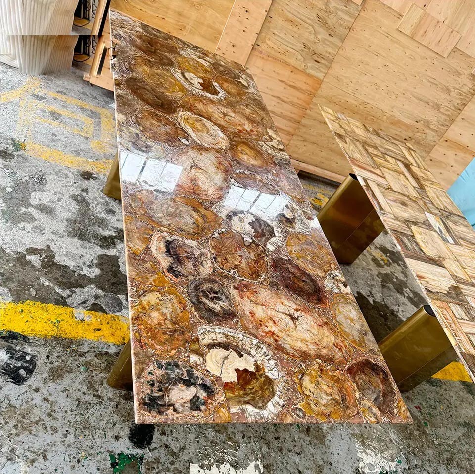 Luxury Furniture Brown Gemstone Rectangle Petrified Wood Stone Dining table tops