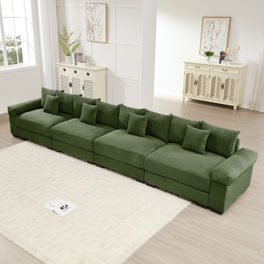 Modular Sectional Sofa 4 Seater Deep Seats Green Corduroy 12 Pillows