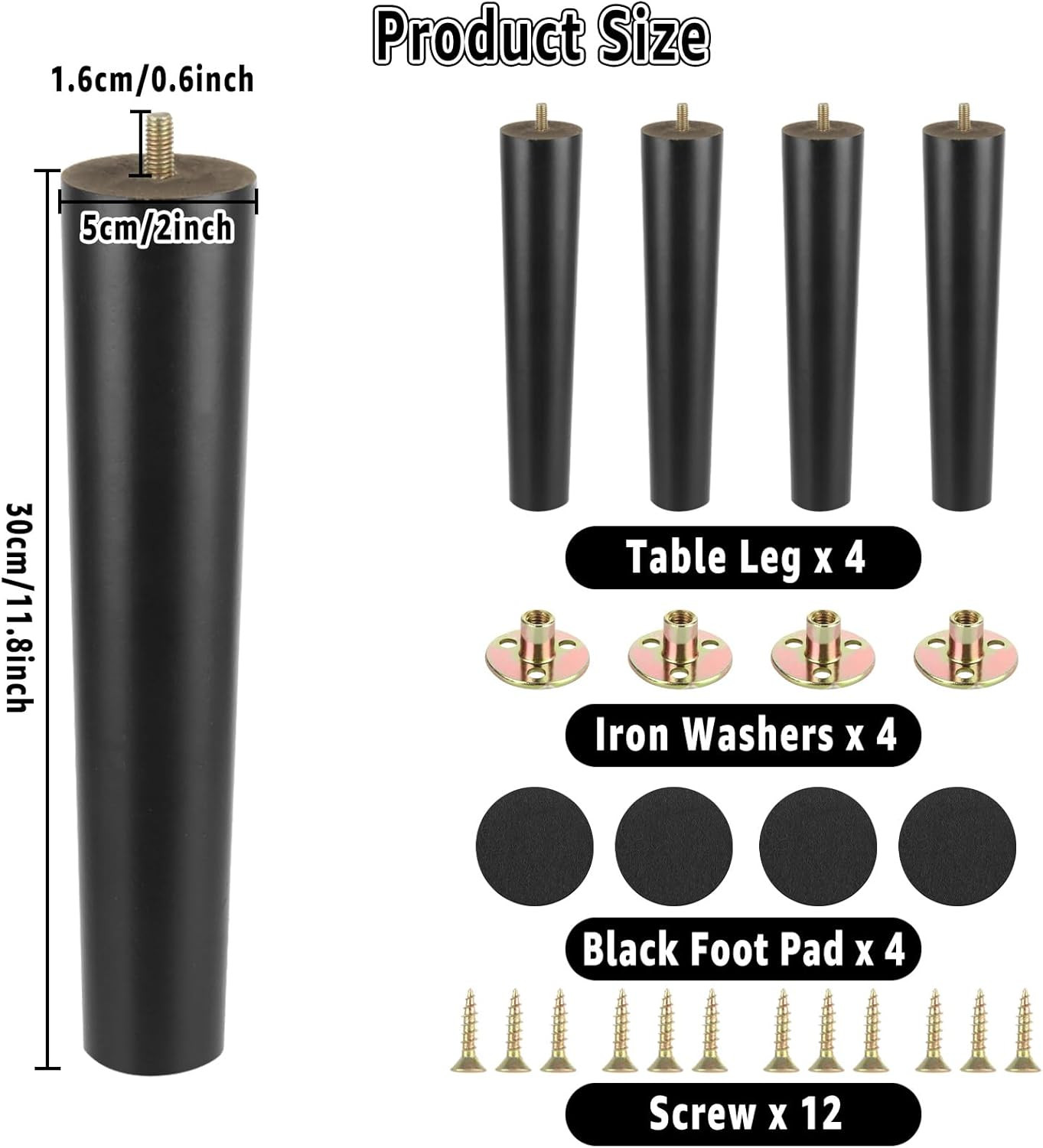 4 Pcs 12 Inch Furniture Legs, Black Solid Wood Table Legs 12 Inch, round Couch L